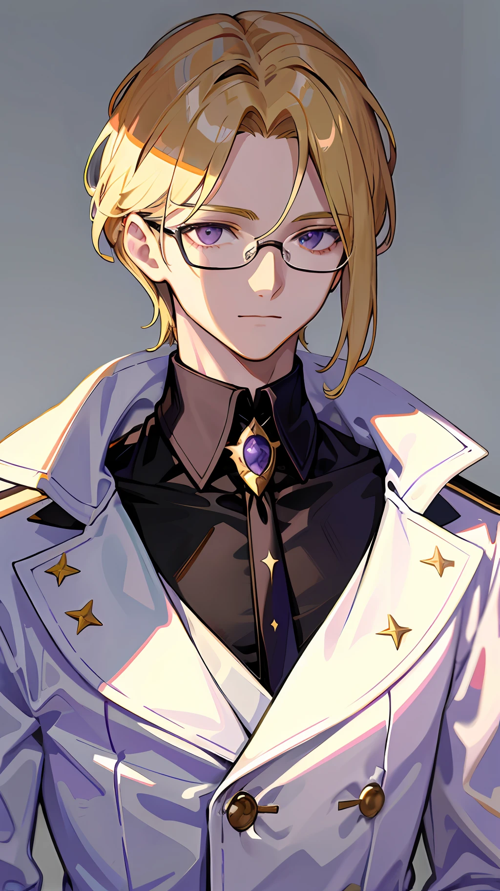 (Masterpiece, highest quality, high resolution), 1 blonde male, hair in the middle of the ears hanging down to the sides of the ears, hair neatly straight, hair long just up to the shoulders, delicate purple eyes, wearing a white coat, brown shirt, purple tie, wearing black-framed square glasses, bust, looking forward firmly, stark shadows, bright highlights, simple white background