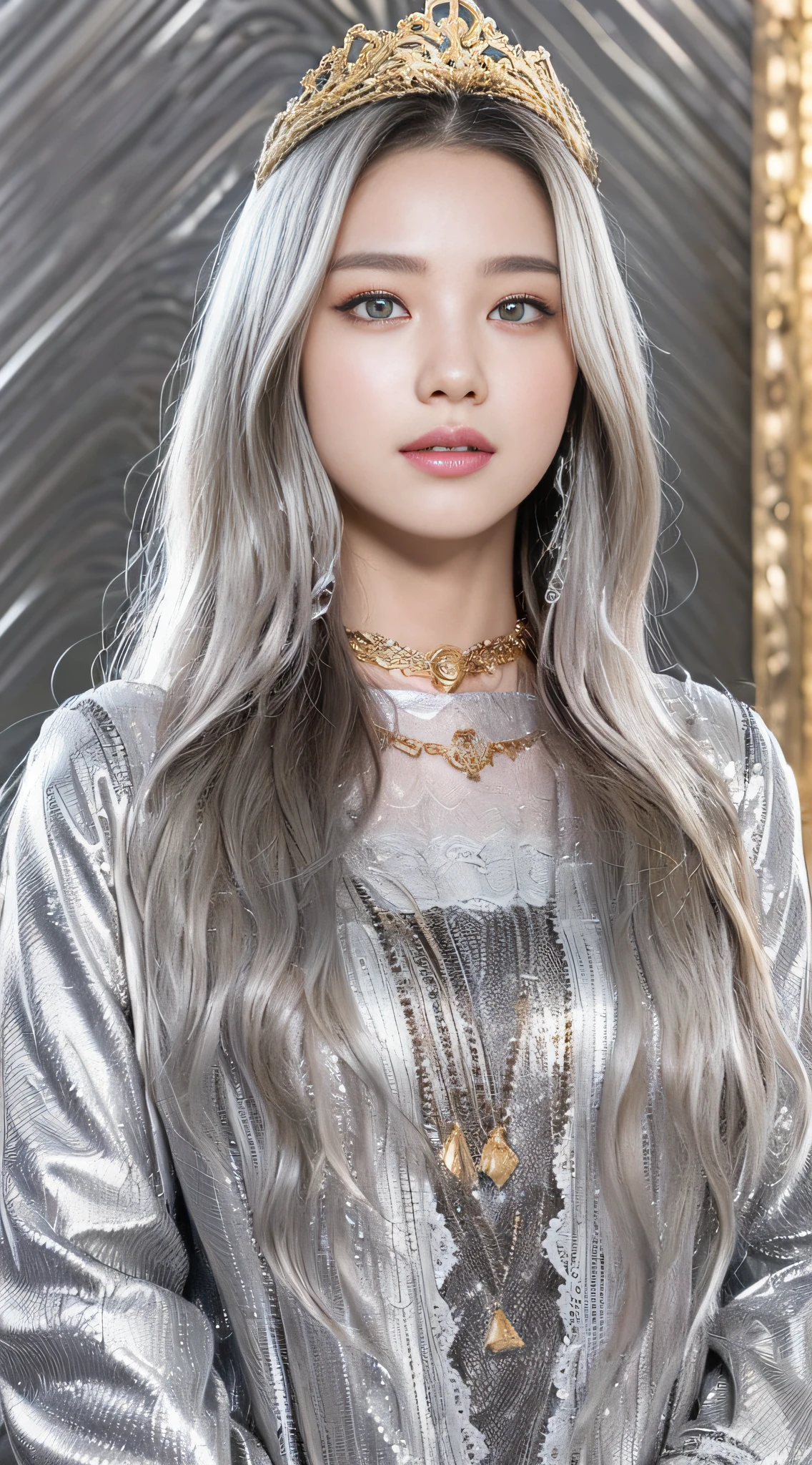 masterpiece, best quality, best quality, Amazing, beautiful detailed eyes,girl, finely detailed, Depth of field, extremely detailed CG unity 8k wallpaper, full body,(other Minato aqua:1.1), (a girl wears Clothes with a silver texture:1.2),(extremely gorgeous metal style:1.2),(Metal crown with ornate stripes:1.2),(Various metals background:1.4),Sputtered molten iron,(floating hair:1.1),(Hair like melted metal:1.2),(detailed face:1.2), (detailed eyes:1.2),(Clothes made of silver:1.2),(Clothes with gold lace:1.2),full body,(flowing gold and silver:1.3),(everything flowing and melt:1.3),(flowing iron:1.3),(flowing silver:1.3),(lace flowing and melt:1.3)