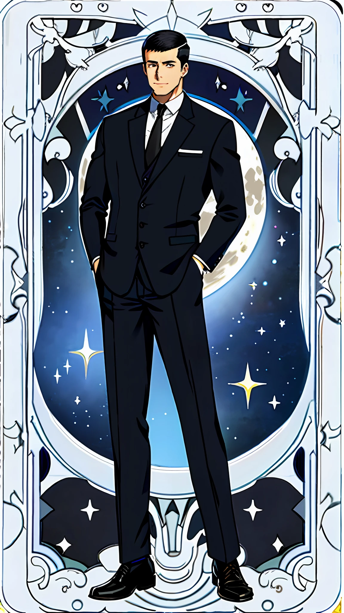 masterpiece, best quality, full body, card, 1 man, the moon, calm, clever, short hair, black hair, brush cut, standing, blue, night sky, purple, book, pen, buzz cut, black suit, royal, gentle, man, center, best pose, technology, high-tech,silver, super detailed, handsome, muscle, big guy