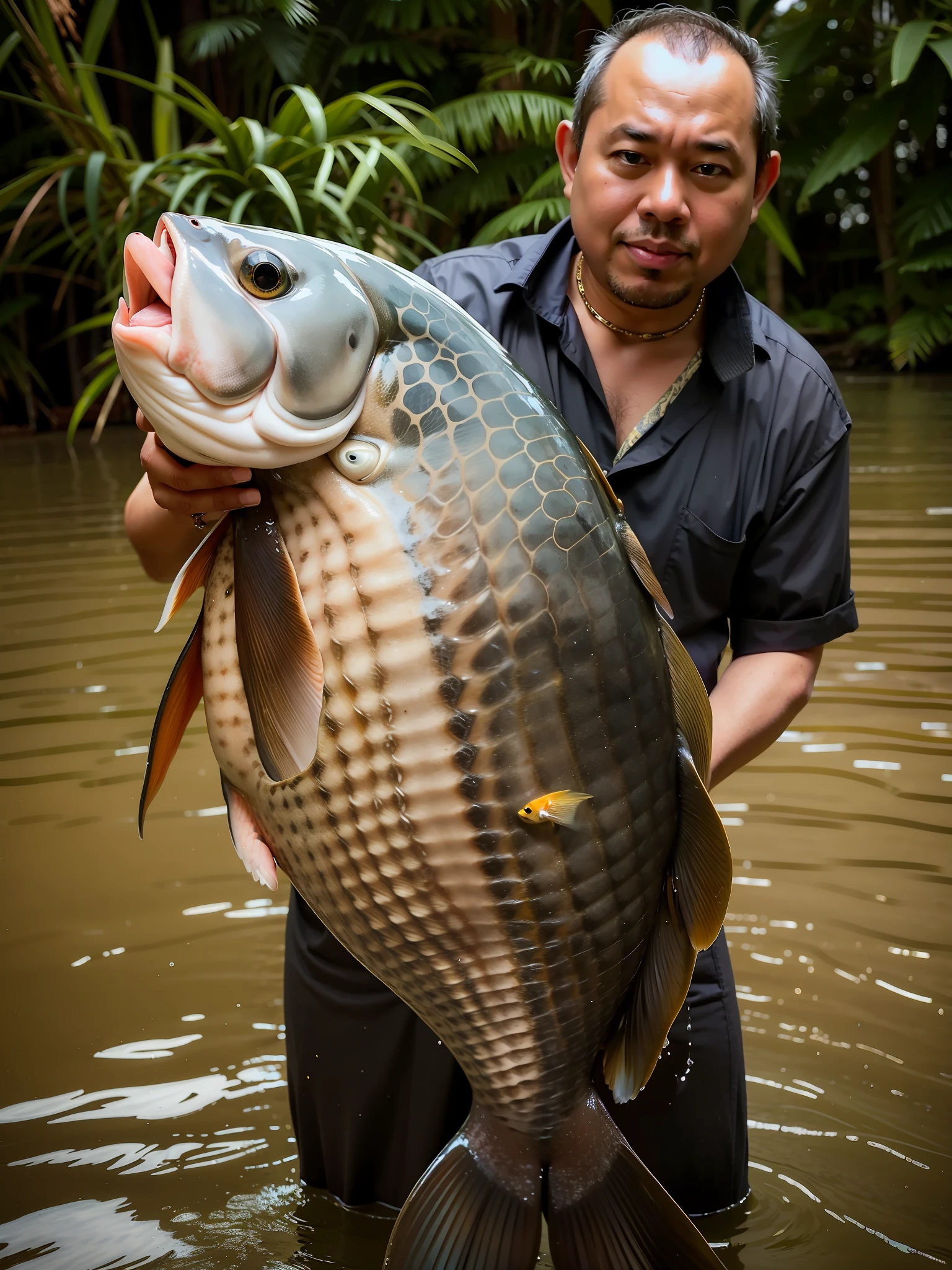 there is a man holding a large fish in the water, portrait of a big, very large scales, with a very large mouth, the photo shows a large, holding an fish in his hand, beautiful photo, very sharp!!!, huge gargantuan scale, by Basuki Abdullah, award - winning shot, award-winning shot, by Robert Brackman