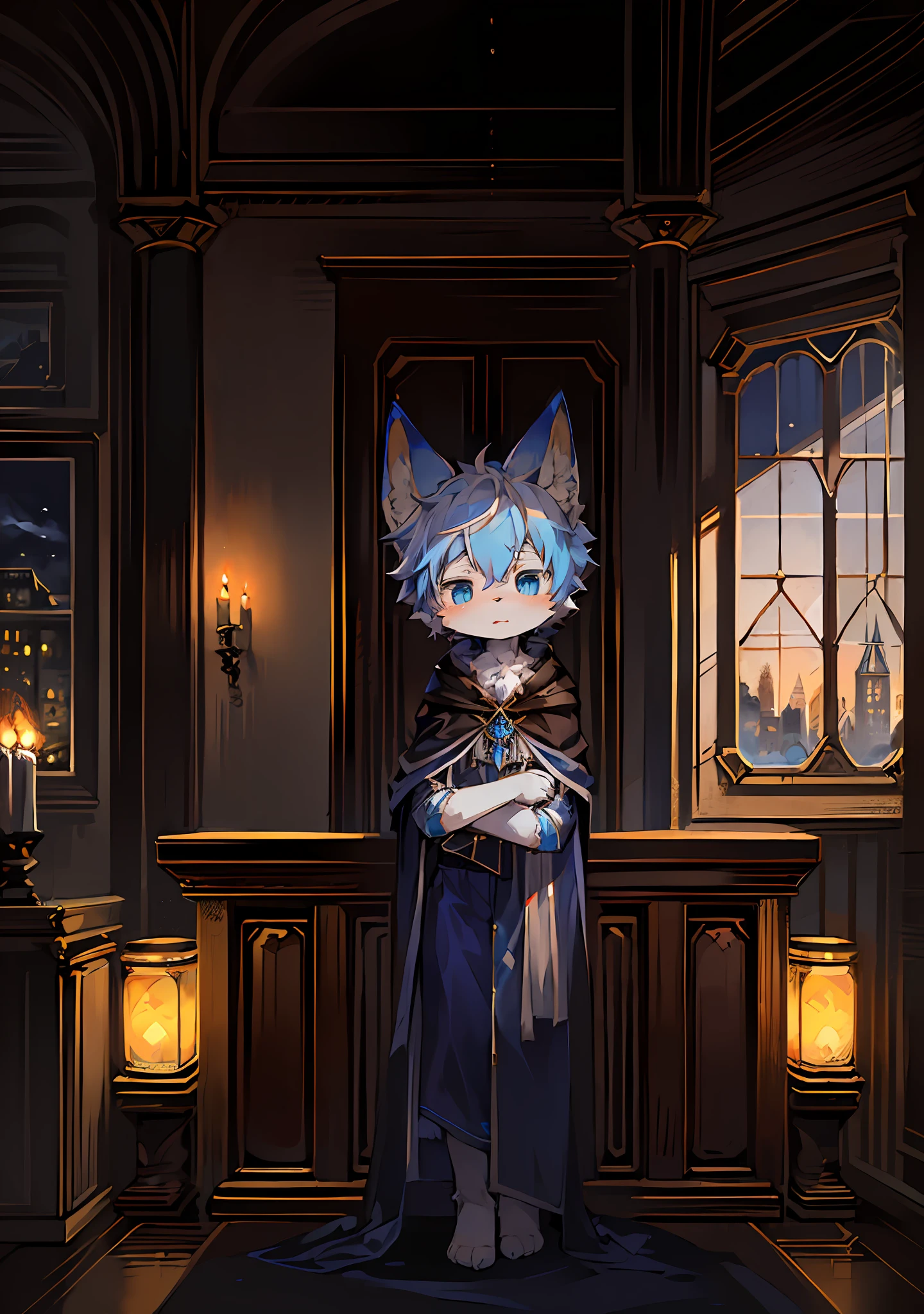(Dark Environment: 0.8), Masterpiece, High Quality, Abstract Res, Digital Painting\(artwork\), by Dagasi, Yupa, Kiyosan, (Anthro, Fluffy Fur, Character Focus: 1.1), Anthro Male Cat, Short Hair, Portrait , bright eyes, panorama, character focus. (Detailed background: 0.7), Solo, Furry, Furry Boy Teen Focus, Anthr, (Full body fur, Fluffy tail, White fur, Blue eyes, Blue and white hair: 1.2), (Fox, Cloak: 1.2), (Interior, Night, Castle, : 1.1)