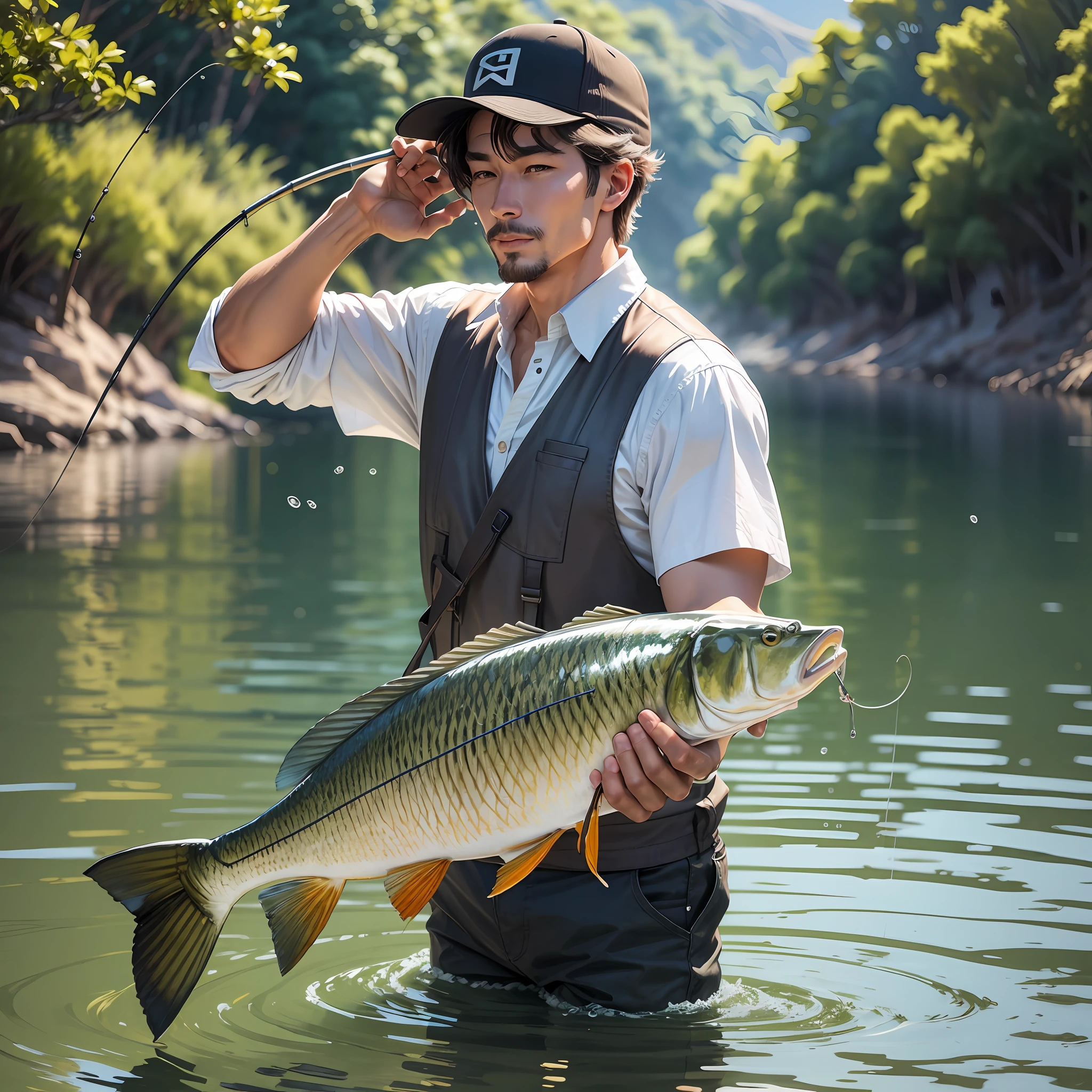 Handsome man fishing with a rod. He has caught a very big fish --auto --s2