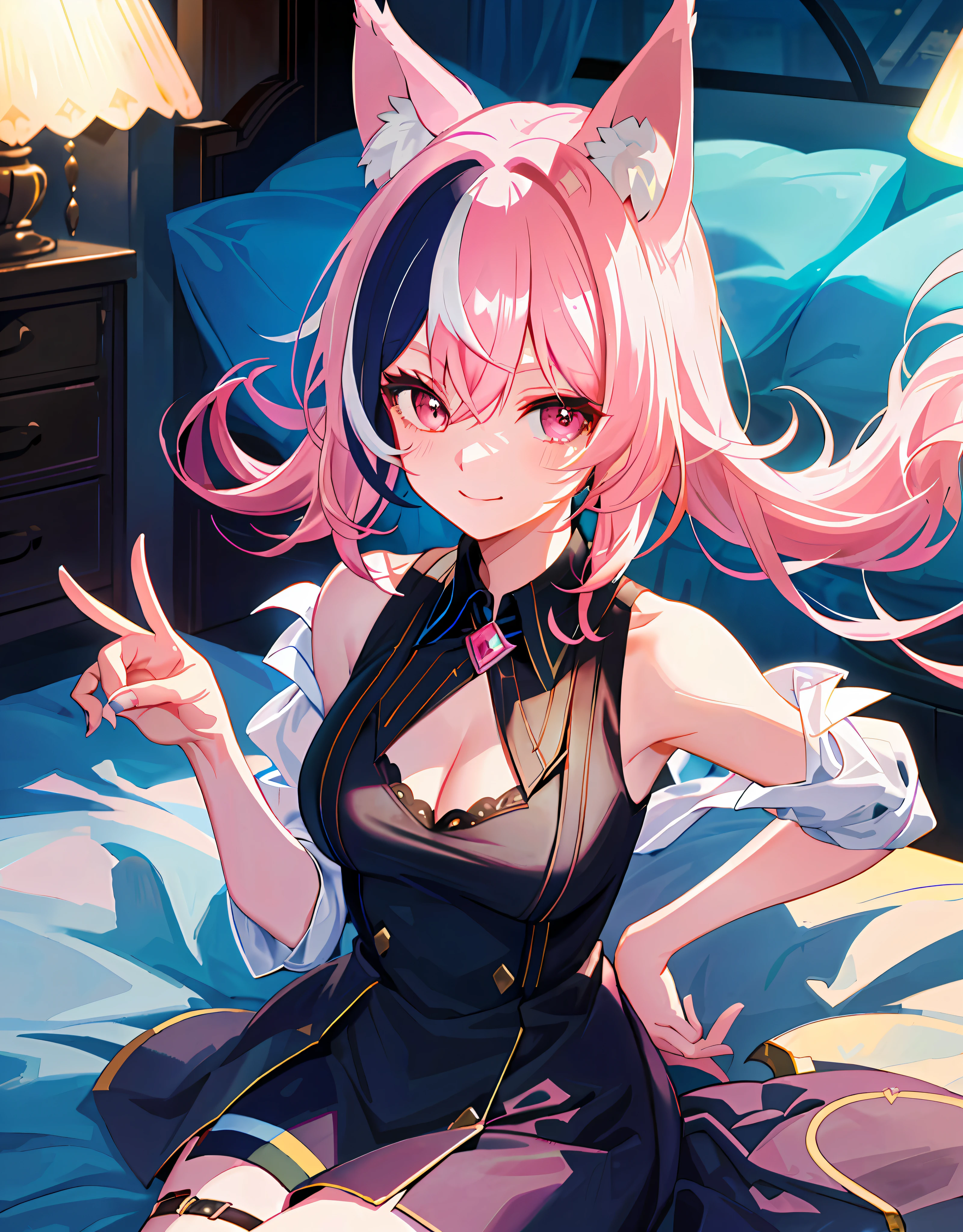 (Masterpiece: 1.2, highest quality), (Delicate Eyes: 1.2), (Detailed Background, Fantasy), (Pretty Detailed Face), High Contrast, (Best Lighting, Very Delicate Beauty), (Cinematic Light), Colorful, Ultra Detailed, Dramatic Light, Intricate Detail, 8k, (One Girl, Solo, Pink Hair, Sharp Face, Low Double Ponytail, , Hair Between the Eyes, Dynamic Angle), Upper Body, Face close-up thick paint 5, movie scene, perfect anatomy, detailed face, ultra-detailed eyes, upper body, 2 girls, smile, wolf ears, wolf tail, pink eyes, hair between eyes, striped hair, striped hair, split color: 15, ((((Colorful hair color: 1))))), ((Random hair color: 1)))), colorful hairstyle: 5, (((perfect fingers, perfect 5 fingers))), D cup, cleavage, upper body, one girl, smile, wolf ears, wolf tail, pink eyes, hair between the eyes, striped hair: 5, colorful hair colors: 5, jewels at the ends of the hair, twin tails, (in tank top and hot pants: 15), cute embroidered pajamas, AI super luxurious bedroom and cute interior: 5, crawling on all fours (on the bed: 15), looking at the viewer embarrassedly and laughing, turning around from behind, blush, night background,