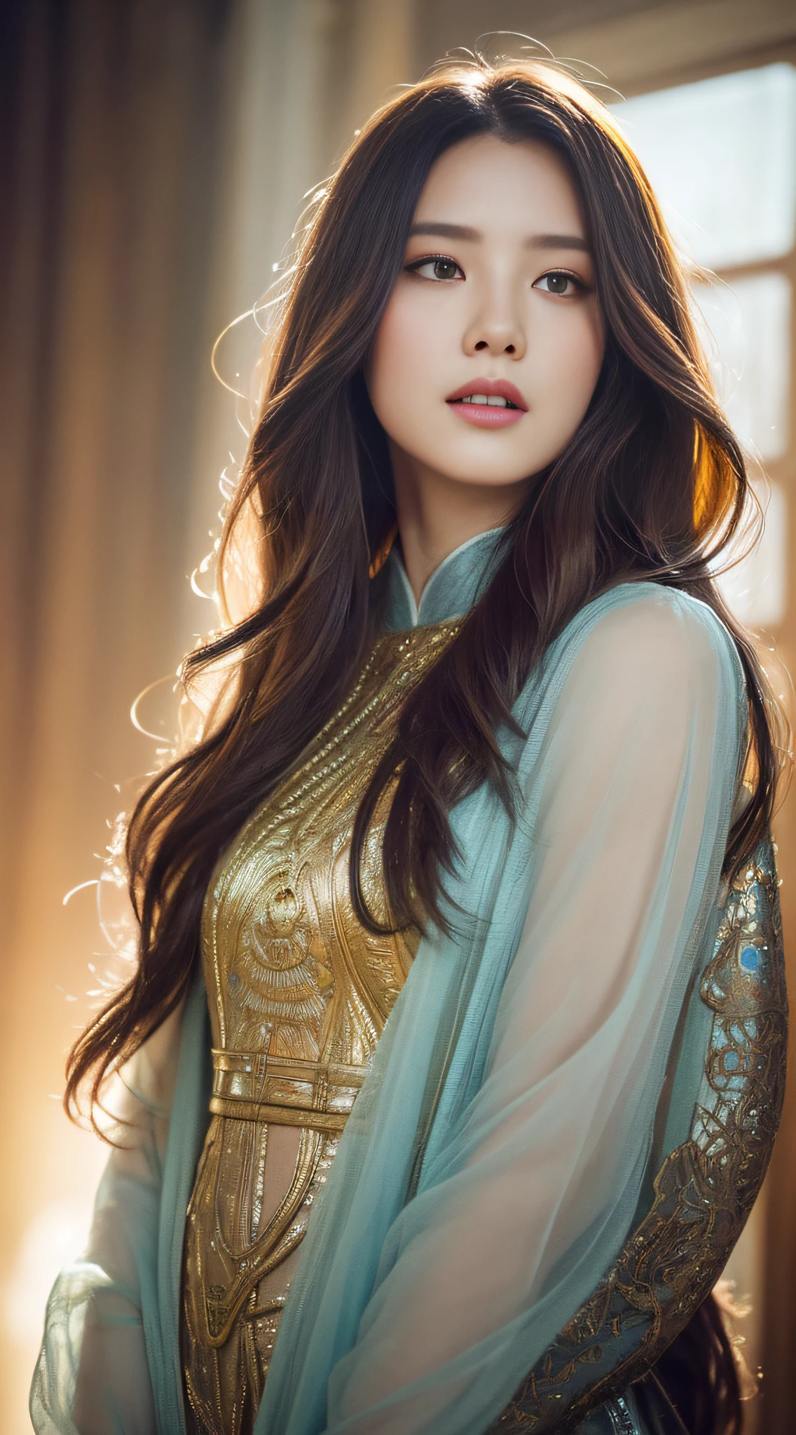 High quality, masterpiece, masterpiece, exquisite facial features, exquisite hair, exquisite eyes, exquisite color hair, 4K picture quality, gorgeous light and shadow, Tyndall effect, halo, messy hair, young state, gorgeous scene, exquisite clothes, chains, feathers, ancient chinese beauty with big eyes very detailed, digital painting, artstation, concept art, sharp focus, illustration, art by greg rutkowski and alphonse mucha and victo ngai