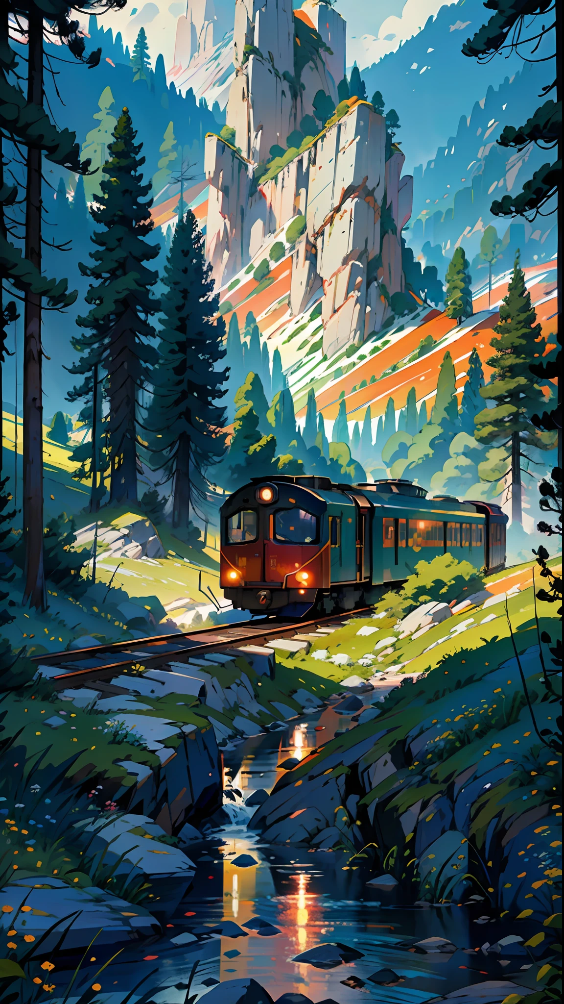 Train in motion, in the mountains, forest, sea, cozy city, happiness, retro, full color, multicolor, artful, top detail, super quality, fine details, highlights, neon lights, masterpiece