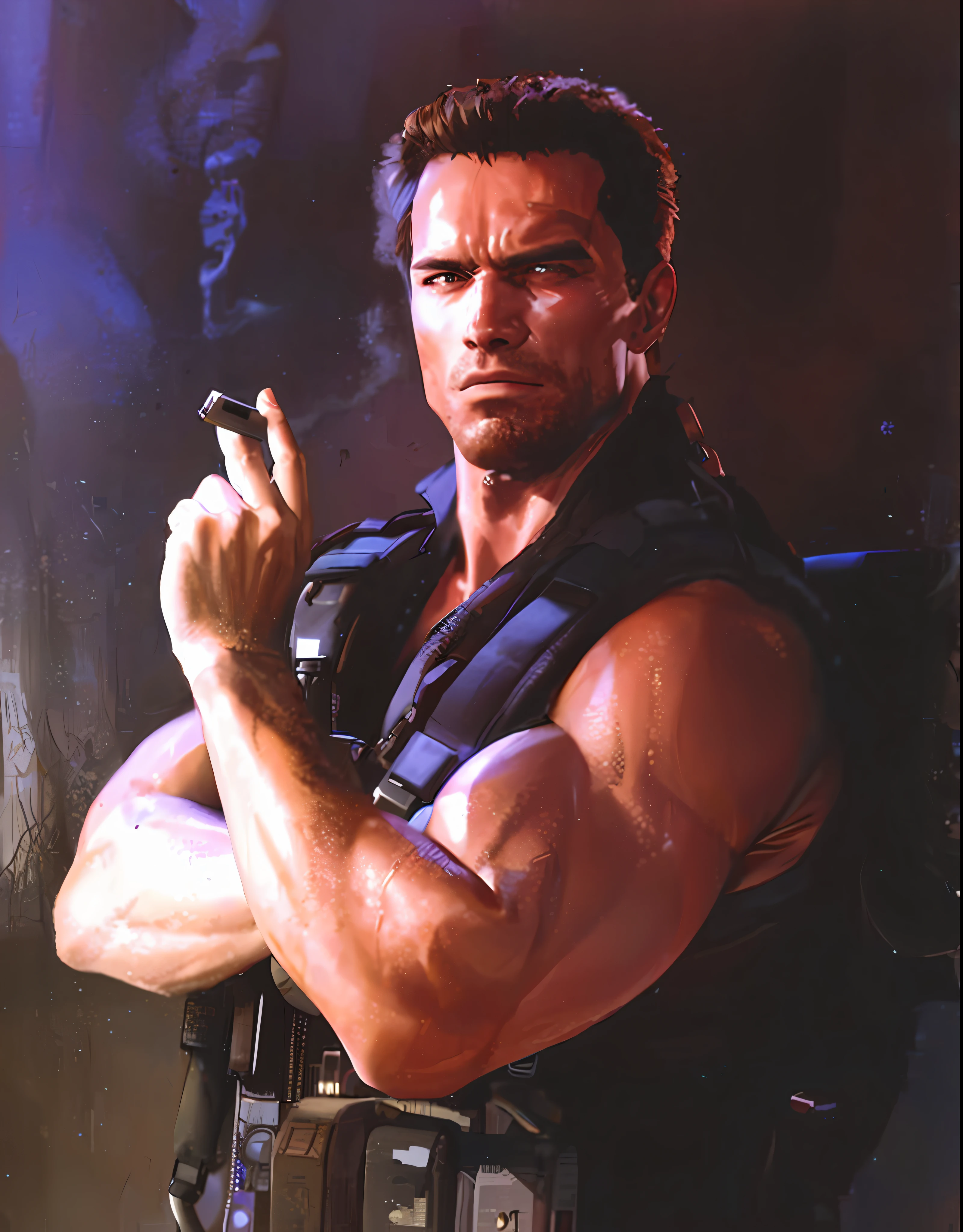 a close up of a man holding a gun and smoking a cigarette, in the movie hard target (1993), schwarzenegger, arnold 3, arnold schwarzenegger, arnold, from the movie predator 1987, the terminator, arnold render, t-800, t - 8 0 0, still from the movie terminator, terminator, arnold rendering