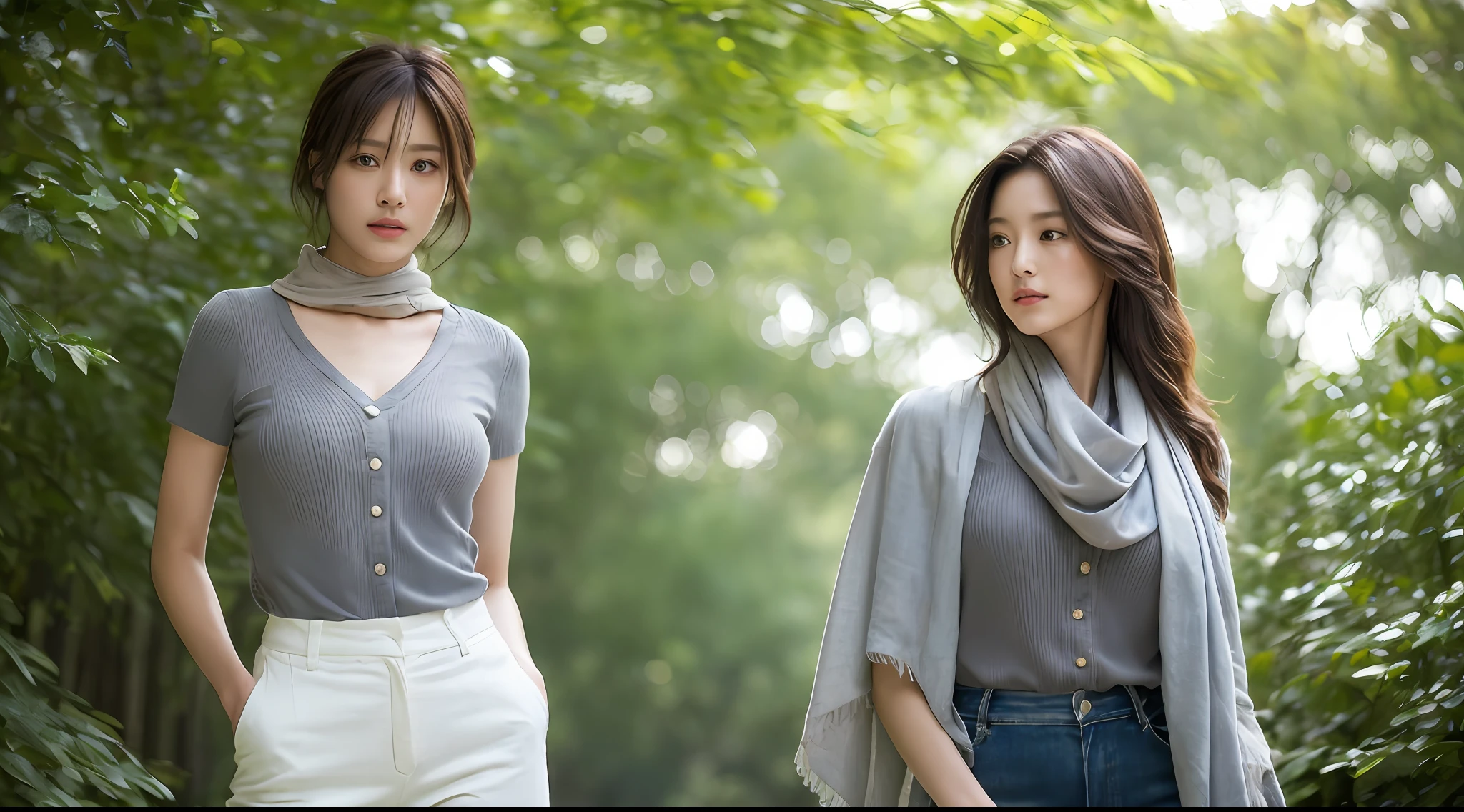 ((Best quality, 8k, Masterpiece :1.3)), Sharp focus :1.2, A pretty woman with perfect figure :1.4, Slender abs :1.2, ((Dark brown hair,breasts :1.2)), (white long formal shirt)(buttoning up his shirt.), grey background:1.2, Highly detailed face and skin texture, Detailed eyes, Double eyelid,fashion model posing,cowboy shot,white pants,sunlight filtering through trees,(wears a gray scarf around his neck.)