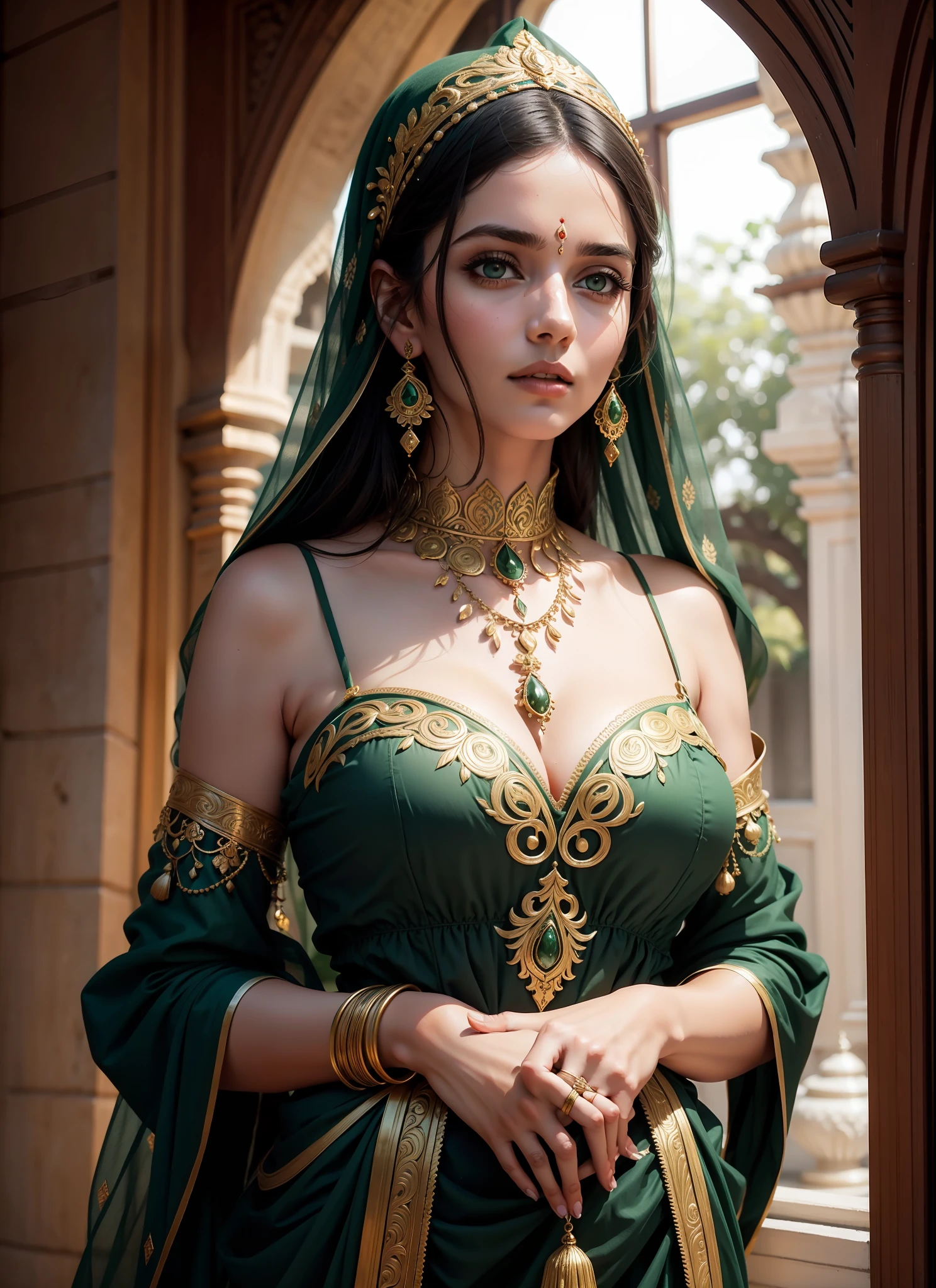 European woman in India, ornate, dark green and white