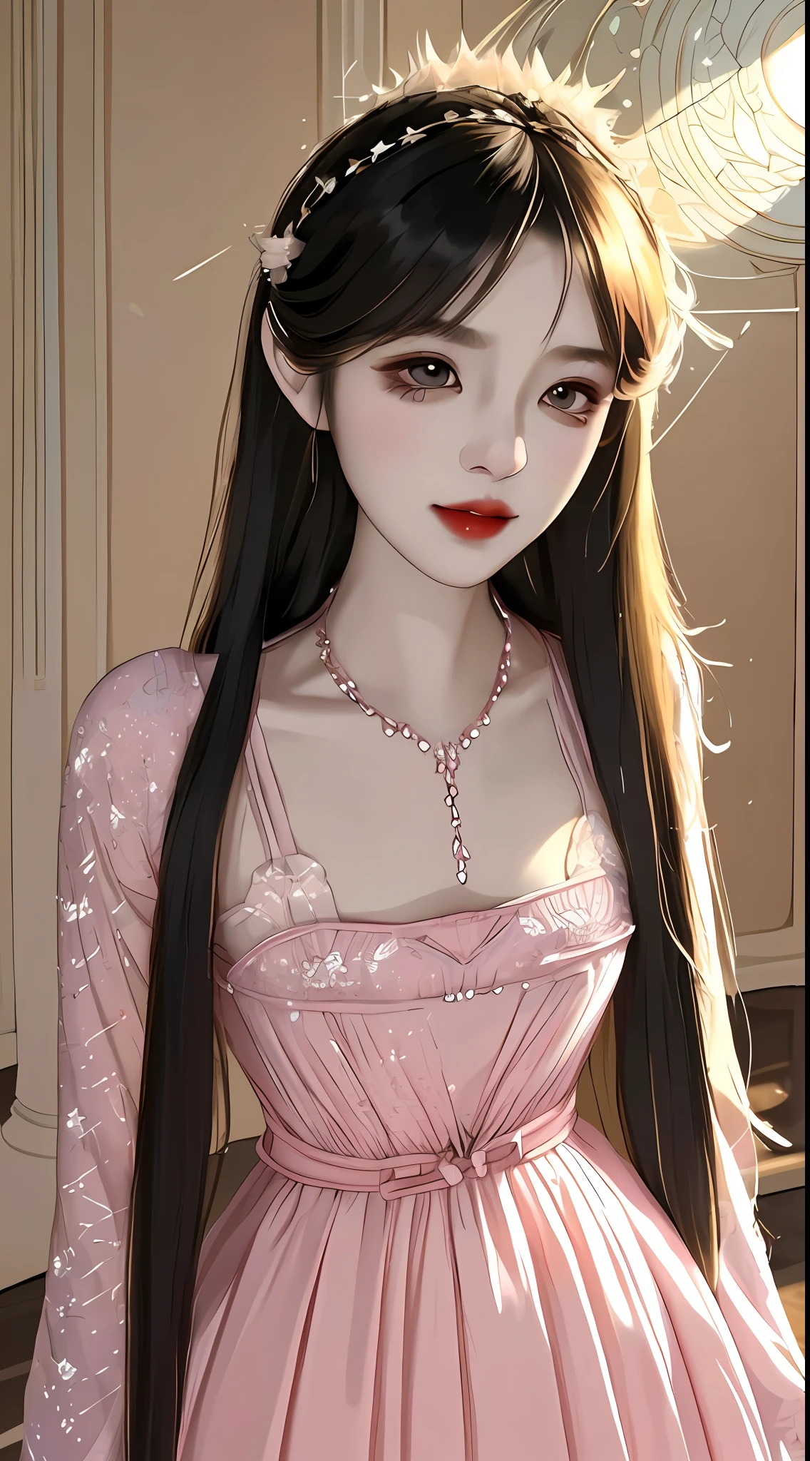 pixiv artwork, long blonde hair, perfect curves, realistic style, (hyperreal), top CG, (Tyndall effect), (cinematic light and shadow effects), top detail, 16k resolution, exquisite and detailed graphics, realistic reality, (absolutely beautiful girl), (royal sister face), ((melon face)), beautiful and moving, ((goose yellow hair)), long hair and waist, ((loose hair)), flowing hair, ((Korean air bangs)), (black bow hair card), ((delicate and moist smooth skin)), ((fair and moist skin)), beautiful and delicate makeup, ((dark eye shadow)), (delicate eyelashes), extreme face, delicate face, (rounded face contour), delicate and cute facial features, enhanced three-dimensional facial features, deep and bright eyes, ((perfect clear eyes)) (intricate details), ((gentle eyes)), delicate and perfect eye makeup, (moist smooth lips), pink lip color, (cherry lips), (((Face Enhancement))), Facial Retouching (Intricate Details), Clear Details (Intricate Details), (Perfect CG Face), Light Makeup, (Beauty), Pink Blush, Happy Expression, (Sweet Smile), (Bright Atmosphere), (Dignified), (((Black Liquid Water Gauze))), ((Black Dress Bling)), ((Fashion Design)), Realistic Clothing Textures, (Absolute Domain), Dynamic Angles, Dynamic Postures, Highest Precision, ((Ultra Detailed Textures)), ((Ray Tracing)) , (((Hyper-realistic Light and Shadow Effects))), Perfect Body Proportions, ((Advanced Rendering)), Tinbal Effect, (Unreal Engine), Strong Edge Light, Character Edge Light, Depth of Field.