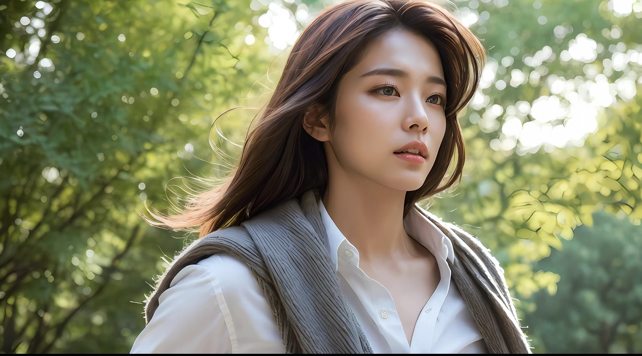 ((Best quality, 8k, Masterpiece :1.3)), Sharp focus :1.2, A pretty woman with perfect figure :1.4, Slender abs :1.2, ((Dark brown hair,breasts :1.2)), (white long formal shirt)(buttoning up his shirt.), grey background:1.2, Highly detailed face and skin texture, Detailed eyes, Double eyelid,fashion model posing,cowboy shot,white pants,sunlight filtering through trees,(wears a gray scarf around his neck.)1 girl, 1 men,