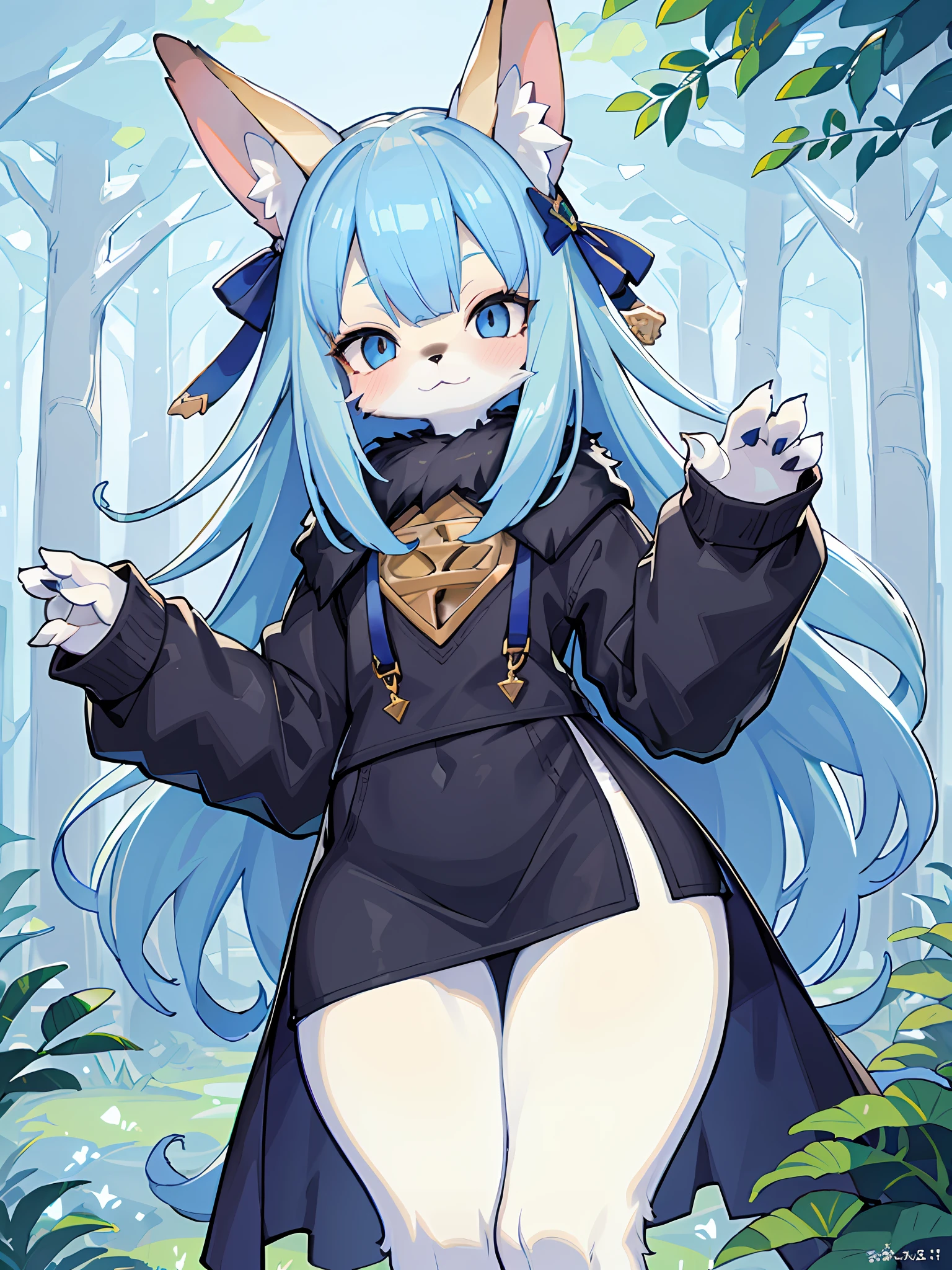 ((masterpiece, best quality)), furry, animal ears, tail, body fur,
(super detailed), (illustration), (super high resolution), (exquisite illustration), (super detailed), 1 girl, blush, outdoor, solo, fox tail, loose sweatshirt, miniskirt, heads-up, blue hair, blonde eyes, white body fur