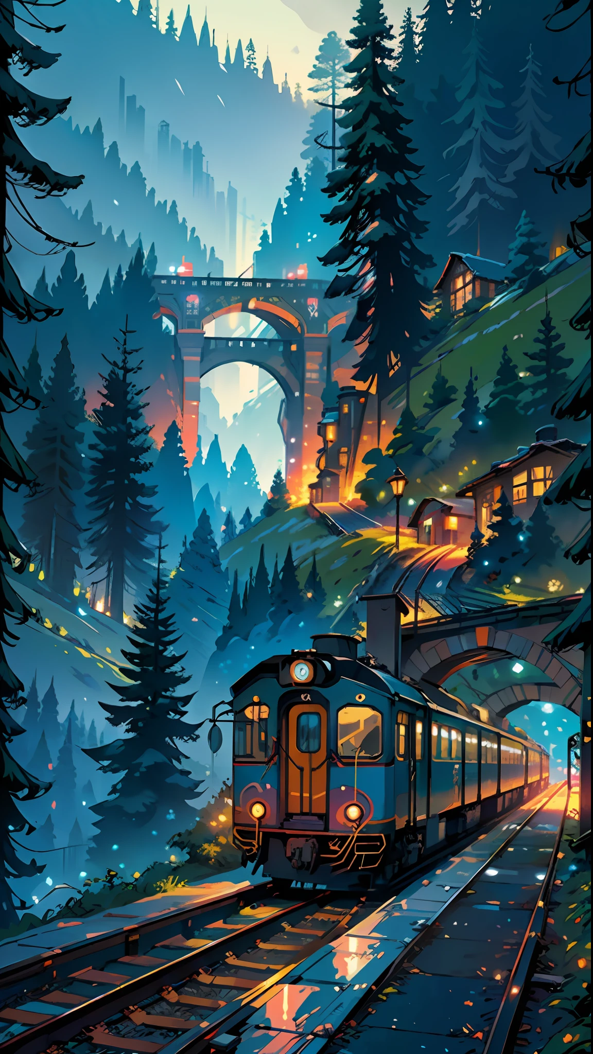 Train in motion, in the mountains, forest, sea, cozy city, happiness, retro, full color, multicolor, artful, top detail, super quality, fine details, highlights, neon lights, masterpiece