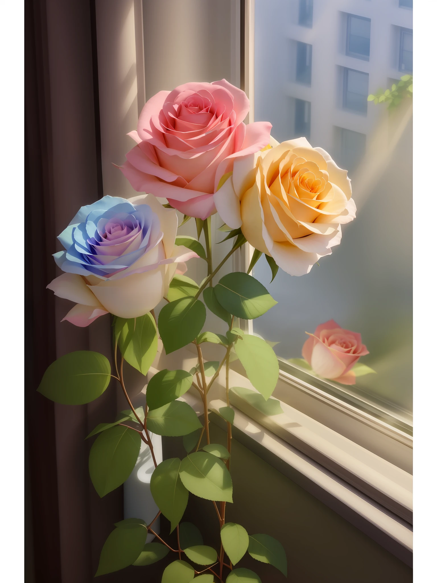 there are three roses in a vase on a windowsill, melanchonic rose soft light, pastel roses, roses in cinematic light, [ realistic photo ]!!, sunny morning light, summer morning light, a few roses, 中 元 节, morning light, hyper realistic color photo, ( ultra realistic ), roses, natural point rose'