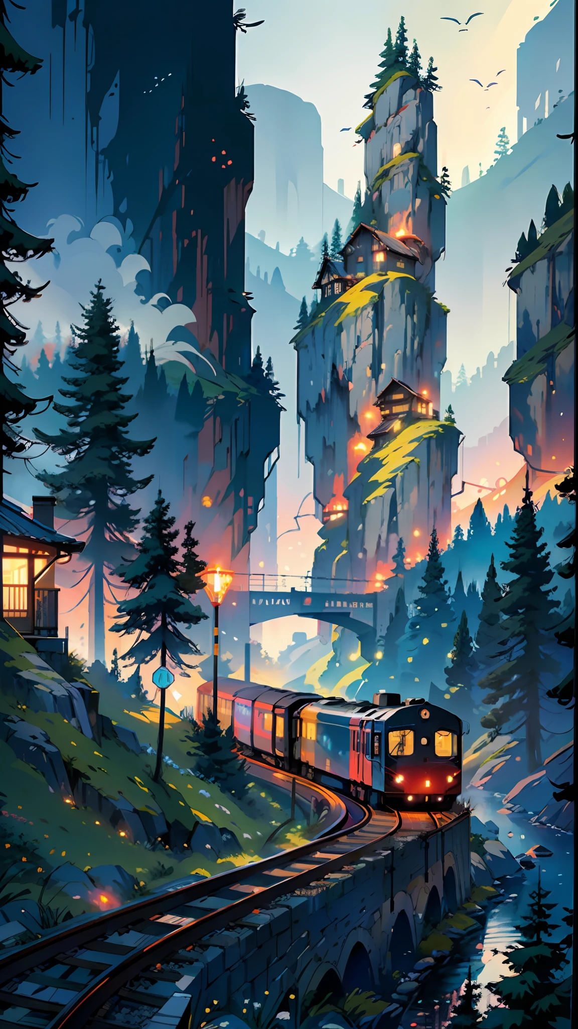 Train in motion, in the mountains, forest, sea, cozy city, happiness, retro, full color, multicolor, artful, top detail, super quality, fine details, highlights, neon lights, masterpiece