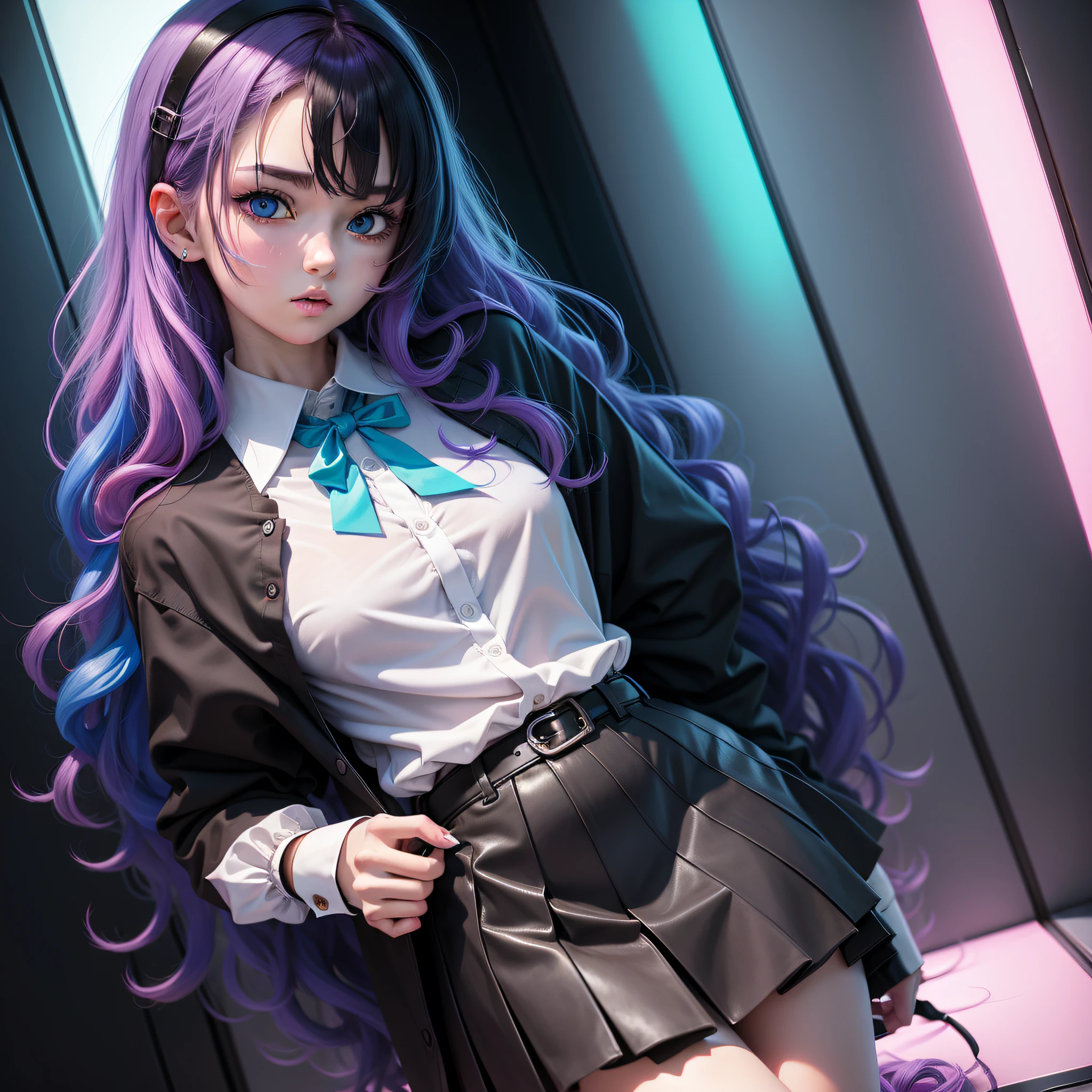 colored hairsweet cool girlneon black light,masterpiece,best quality,upper body,1girl,collared_shirt and flared_skirt as material3,rainbow order,pastel color,omake,wavy hair,small breasts,blue eyes
Negative prompt