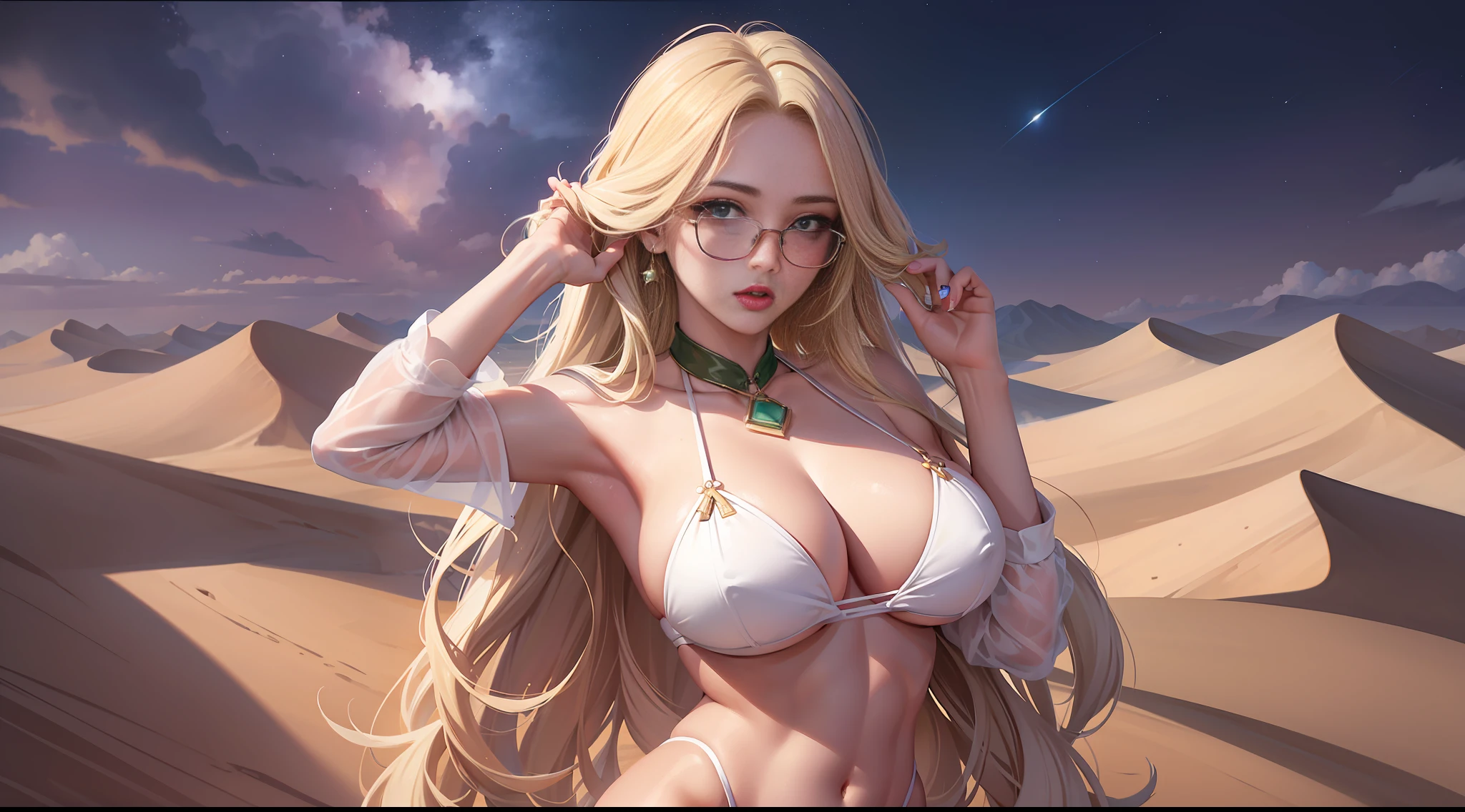 1 girl, ig model, looking far away, hand in her hair, glasses, lewd face, sexy, cleavage, blonde hair, brunette, green eyes, red lips, green collar, white bikini, white skirt, white panties, white bra, thigh highs, arm band, armpits, large breasts, wide hips, thick thighs, muscles, abs, no teeth, beautiful face, realistic, ray traced, beautiful eyes, red lipstick, desert, sand, night, stars, moon, clouds