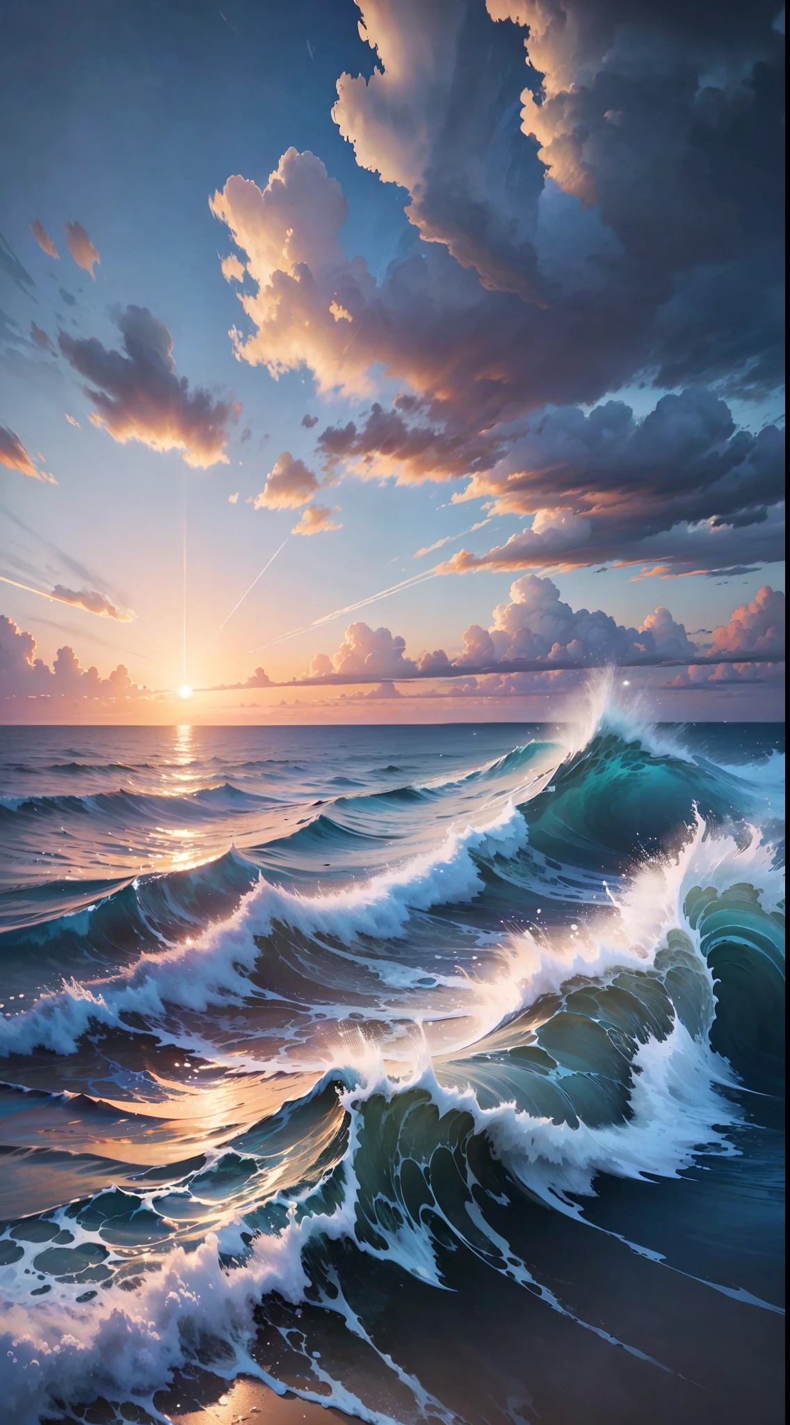 (Very detailed CG unity 8k wallpaper), sunrise over the sea, clouds in the sky, small waves in the sea, HD pictures, super detail, high quality, best quality, engage resolution The most beautiful artwork in the world, high detail, clear focus, dramatic, realistic painting art, blue sky.