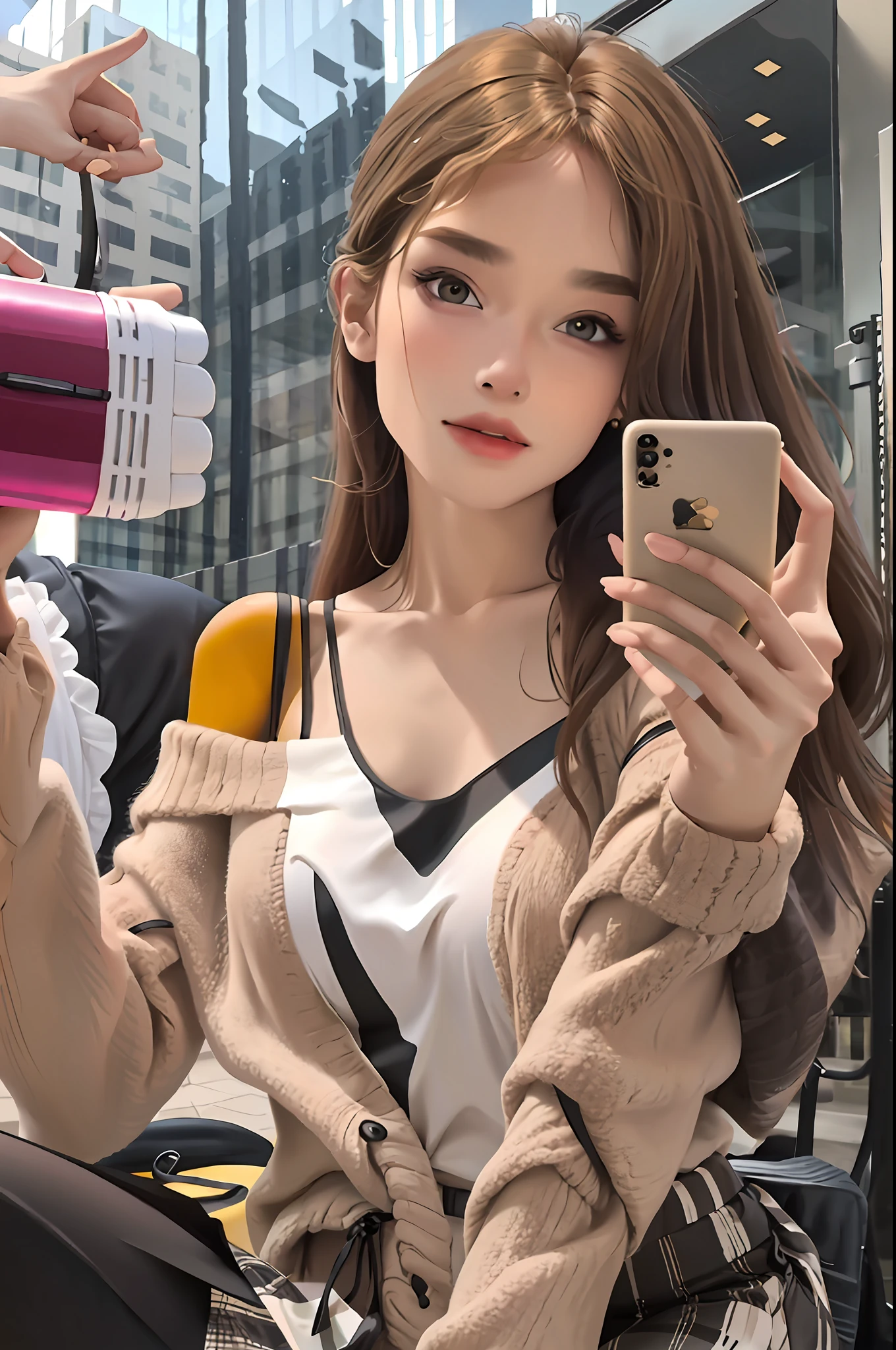 Pretty woman with slim figure: 1.4, (brown hair, medium breasts: 1.3), off-the-shoulder cropped top: 1.3, sofa, ultra-detailed face, detailed eyes, double eyelids , delicate facial features, mobile phone, holding, holding phone, skirt, smartphone, squat, street, wall, alley, outdoor, night, 8K, best quality, masterpiece, super high resolution, (realism: 1.4)