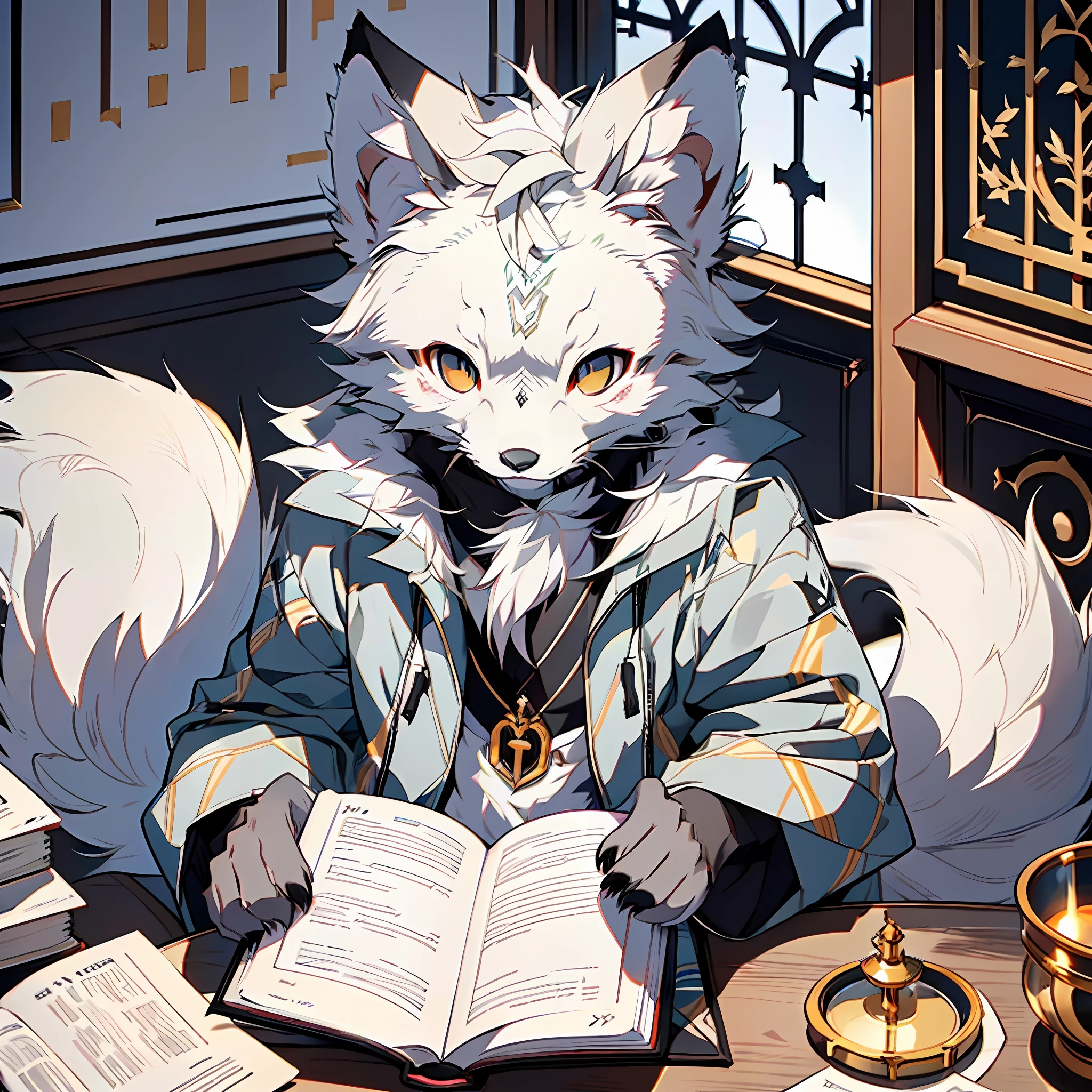 high detail, hyper quality, high resolution, 1080P, solo, furry, (male arctic fox: 1.5), (gray fur: 1.5), gray skin, gray ears, golden eyes, sharp claws, (fluffy tail: 1.2), sitting in chair reading a book, in the room, natural lighting, detailed background