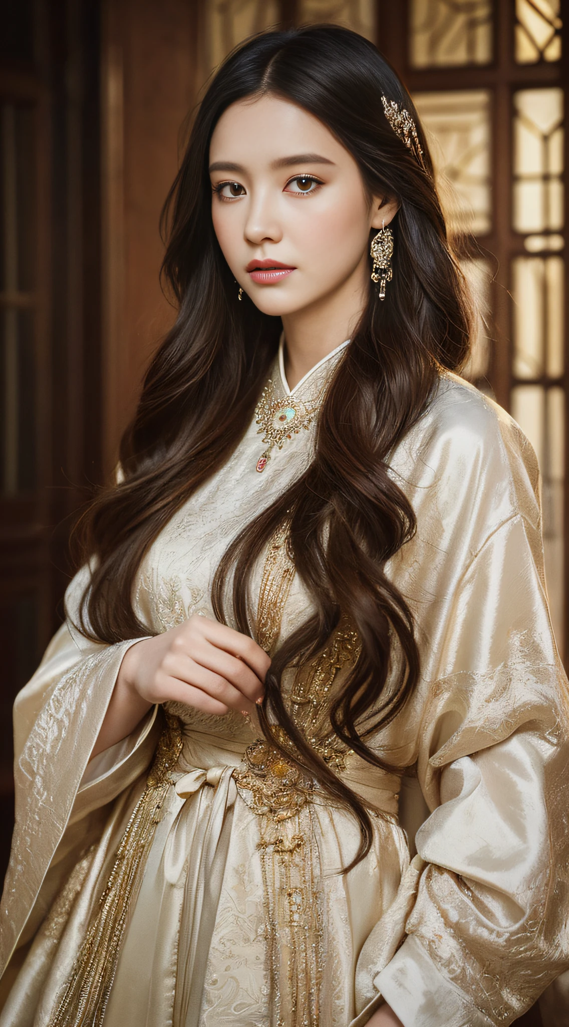 High quality, masterpiece, masterpiece, exquisite facial features, exquisite hair, exquisite eyes, exquisite color hair, 4K picture quality, gorgeous light and shadow, Tyndall effect, halo, messy hair, young state, gorgeous scene, exquisite clothes, chains, feathers, ancient chinese beauty with big eyes very detailed, digital painting, artstation, concept art, sharp focus, illustration, art by greg rutkowski and alphonse mucha and victo ngai