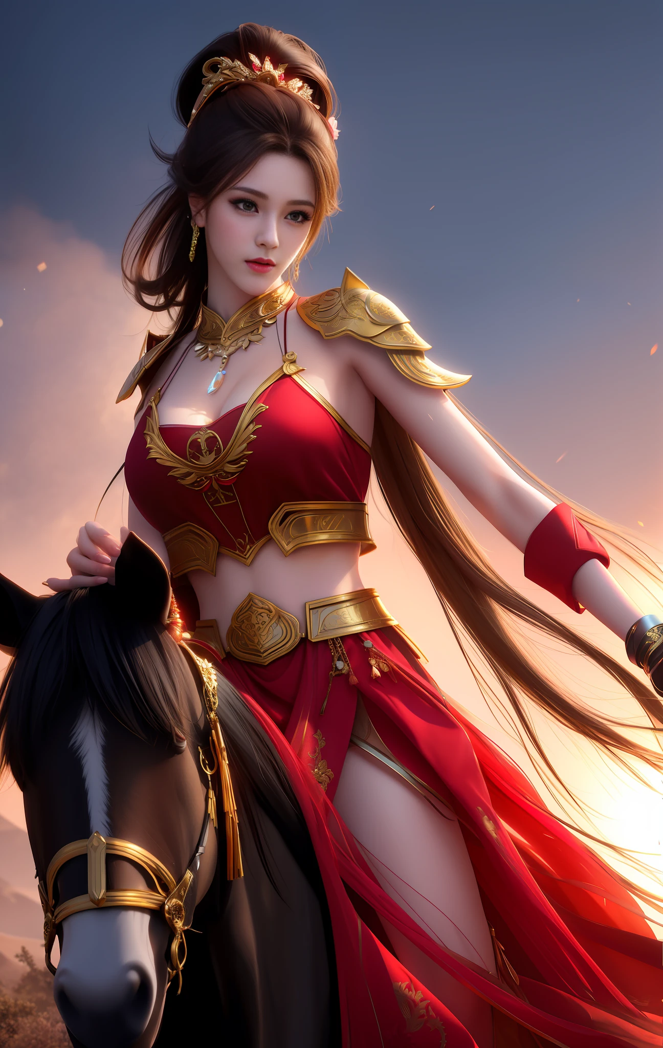 Best Quality, Masterpiece, High Resolution, 1 Girl, Red Metallic Bikini Armor, Cuirass Gold Pattern, Porcelain Skirt, Hair Accessories, Necklace, Jewelry, Beautiful Face, Physics, Tyndall Effect, Realism, Dark Studio, Edge Lighting, Two-tone Lighting, (High Detail Skin: 1.2), 8k UHD, DSLR, Soft Light, High Quality, Volumetric Light, Voyeur, Photograph, High Resolution, 4K, 8K, Background Bokeh Best Quality, Masterpiece, High Resolution, 1 Girl, Red Metal Bikini Armor, Cuirass gold pattern, porcelain skirt, hair accessories, necklace, jewelry, beautiful face, physics, Tyndall effect, realistic, dark studio, edge lighting, two-tone lighting, (high detail skin: 1.2), 8k uhd, DSLR, soft light, high quality, volumetric light, candid photo, high resolution, 4k, 8k, forest background, horseback riding, ponytail hair