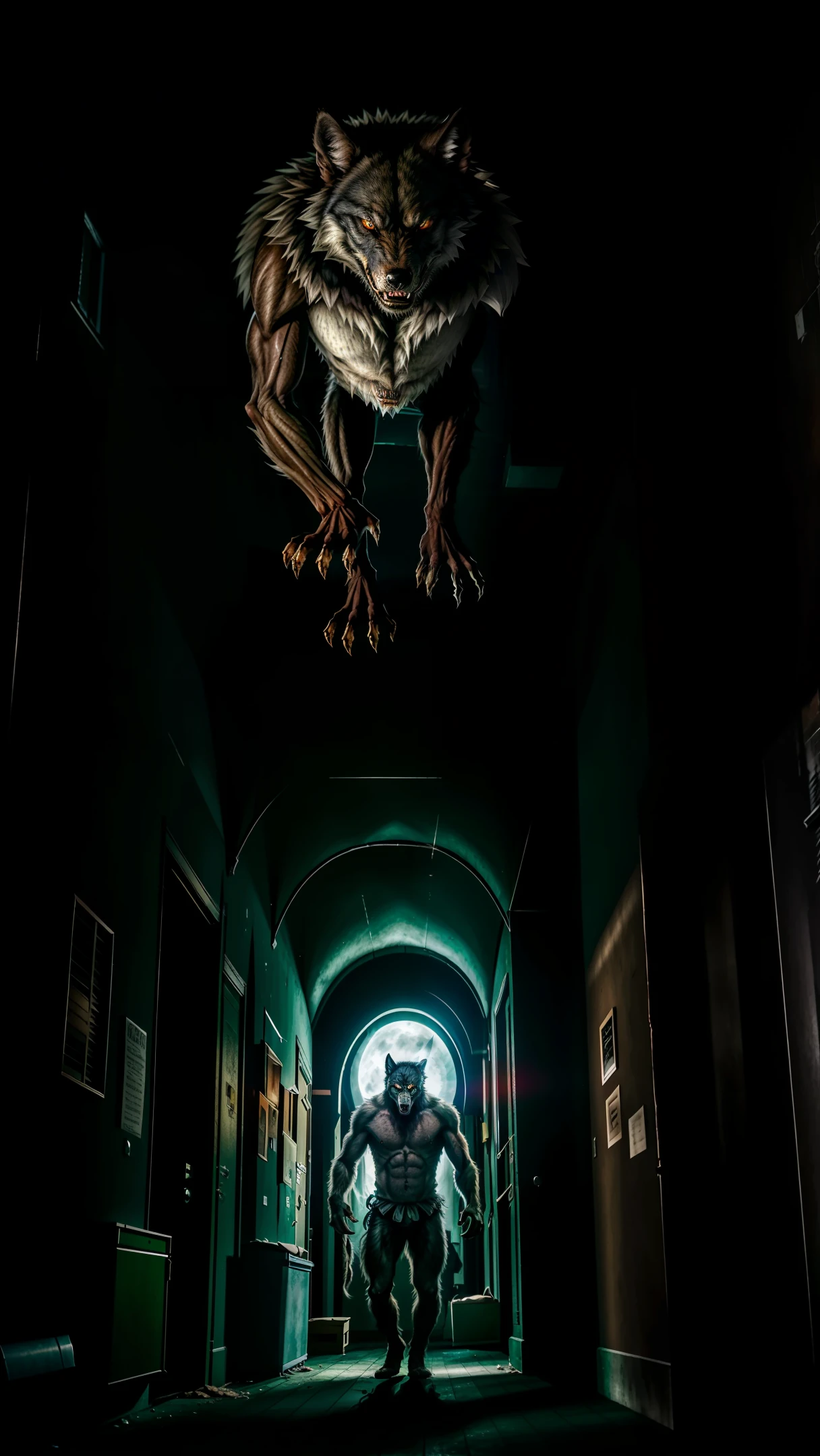 Werewolf in a dark corridor between two buildings, shadow, red eyes, maximum detail, masterpiece, HDR, hyper realistic, humanoid wolf, scary, perfect high quality ((terror)) ((maximum quality)) lican, still hairy lican, perfection