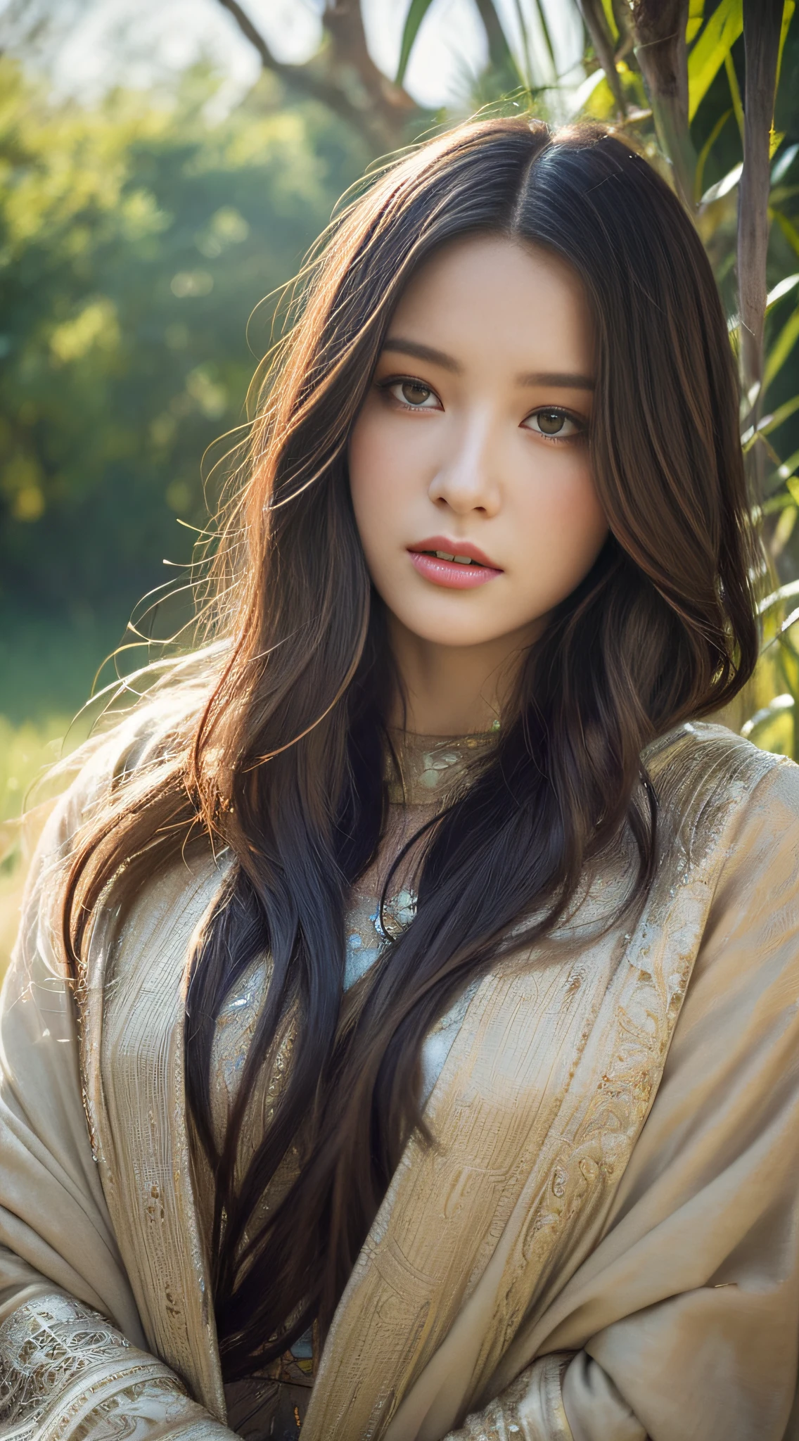 High quality, masterpiece, masterpiece, exquisite facial features, exquisite hair, exquisite eyes, exquisite color hair, 4K picture quality, gorgeous light and shadow, Tyndall effect, halo, messy hair, young state, gorgeous scene, exquisite clothes, chains, feathers, ancient chinese beauty with big eyes very detailed, digital painting, artstation, concept art, sharp focus, illustration, art by greg rutkowski and alphonse mucha and victo ngai