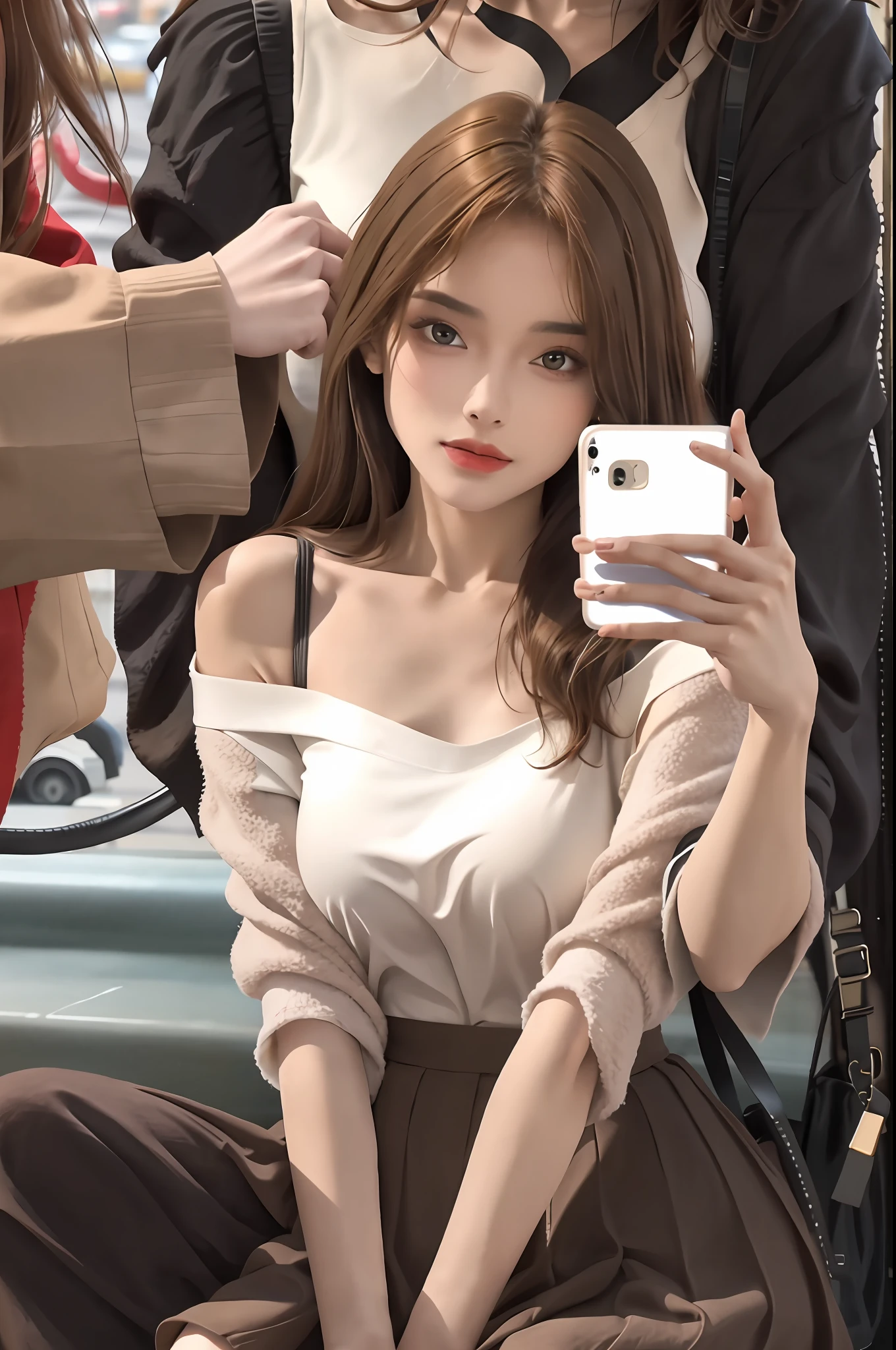 Pretty woman with slim figure: 1.4, (brown hair, medium breasts: 1.3), off-the-shoulder cropped top: 1.3, sofa, ultra-detailed face, detailed eyes, double eyelids , delicate facial features, mobile phone, holding, holding phone, skirt, smartphone, squat, street, wall, alley, outdoor, night, 8K, best quality, masterpiece, super high resolution, (realism: 1.4)