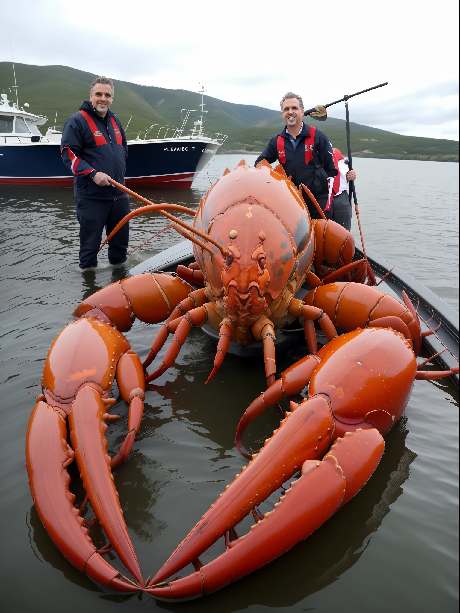 there are two men standing on a boat with a lobster, lobster, giant crab, huge crab, jordan peterson as a lobster, lobster themed armour, by Robert Brackman, 🦩🪐🐞👩🏻🦳, courtesy of mbari, ferocious appearance, crustacean, courtesy mbari, by John Murdoch, extremely detailed and coherent