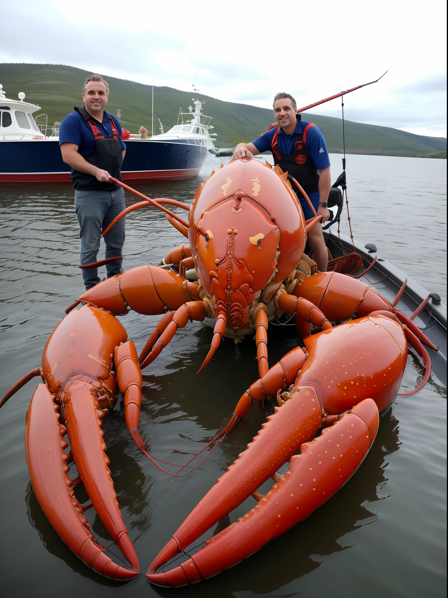 there are two men standing on a boat with a lobster, lobster, giant crab, huge crab, jordan peterson as a lobster, lobster themed armour, by Robert Brackman, 🦩🪐🐞👩🏻🦳, courtesy of mbari, ferocious appearance, crustacean, courtesy mbari, by John Murdoch, extremely detailed and coherent
