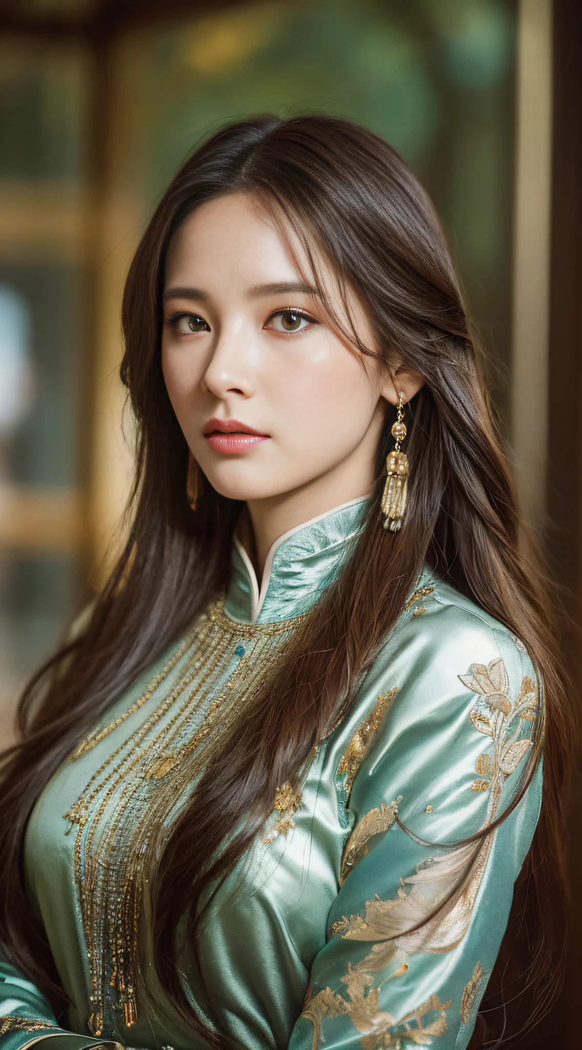 High quality, masterpiece, masterpiece, exquisite facial features, exquisite hair, exquisite eyes, exquisite color hair, 4K picture quality, gorgeous light and shadow, Tyndall effect, halo, messy hair, young state, gorgeous scene, exquisite clothes, chains, feathers, ancient chinese beauty with big eyes very detailed, digital painting, artstation, concept art, sharp focus, illustration, art by greg rutkowski and alphonse mucha and victo ngai