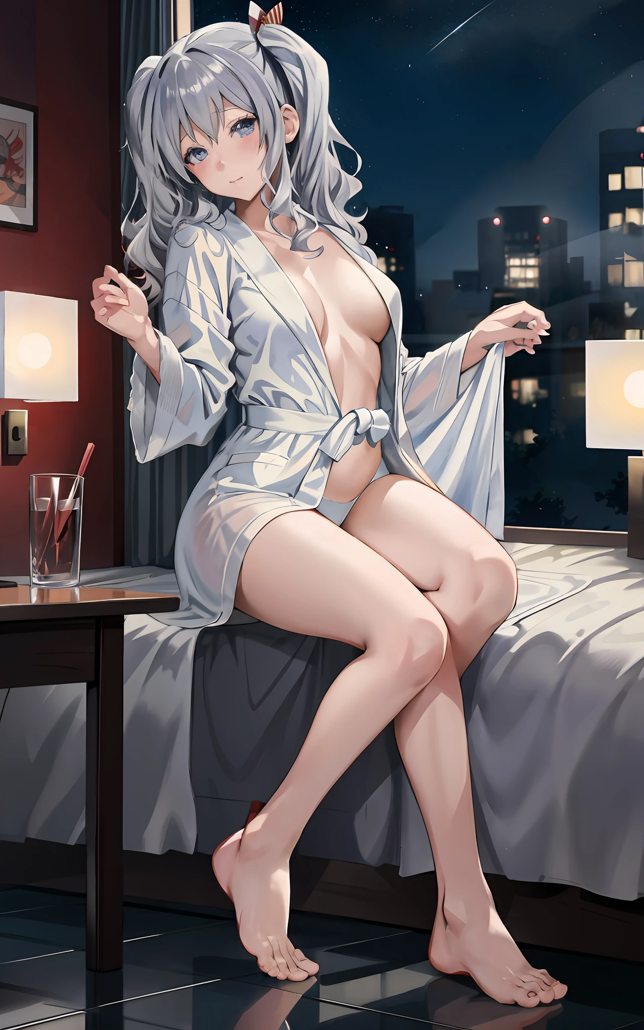 ((Anime girl with big posing in hotel room)), (((Night view))), (((Twin tails)), (((Wearing a bathrobe with wide open chest))), ((Holding the chest of the bathrobe with his hand)))), ((Barefoot)), ((No bra)), (((Sheer bathrobe)), Seductive anime girl, best anime 4K wallpapers, perfect gray haired girl, attractive anime girls, 4k anime wallpapers, 4k manga wallpapers,, detailed digital anime art, anime best girls, beautiful anime girls, detailed anime artwork, beautiful charming anime women