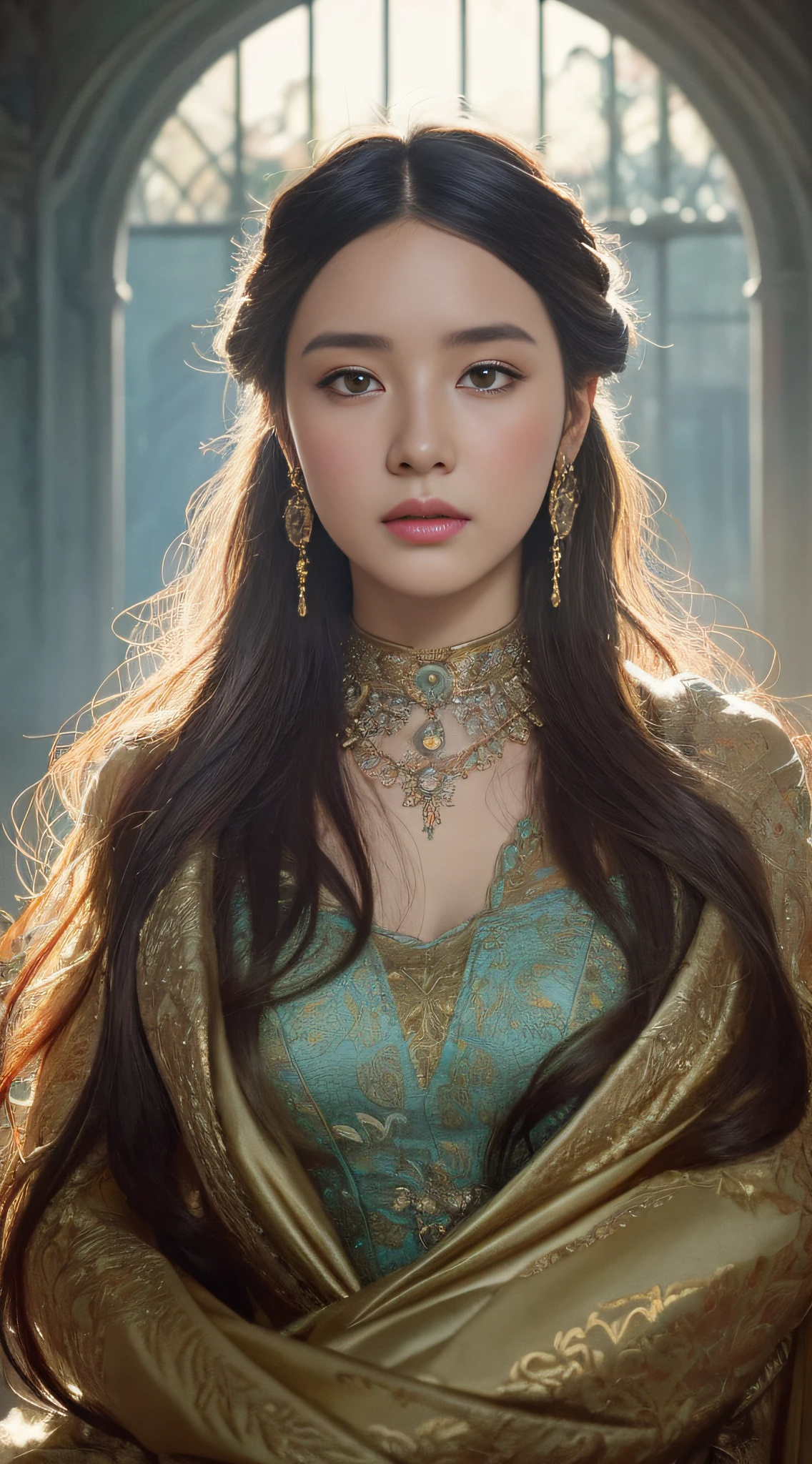 High quality, masterpiece, masterpiece, exquisite facial features, exquisite hair, exquisite eyes, exquisite color hair, 4K picture quality, gorgeous light and shadow, Tyndall effect, halo, messy hair, young state, gorgeous scene, exquisite clothes, chains, feathers, ancient chinese beauty with big eyes very detailed, digital painting, artstation, concept art, sharp focus, illustration, art by greg rutkowski and alphonse mucha and victo ngai