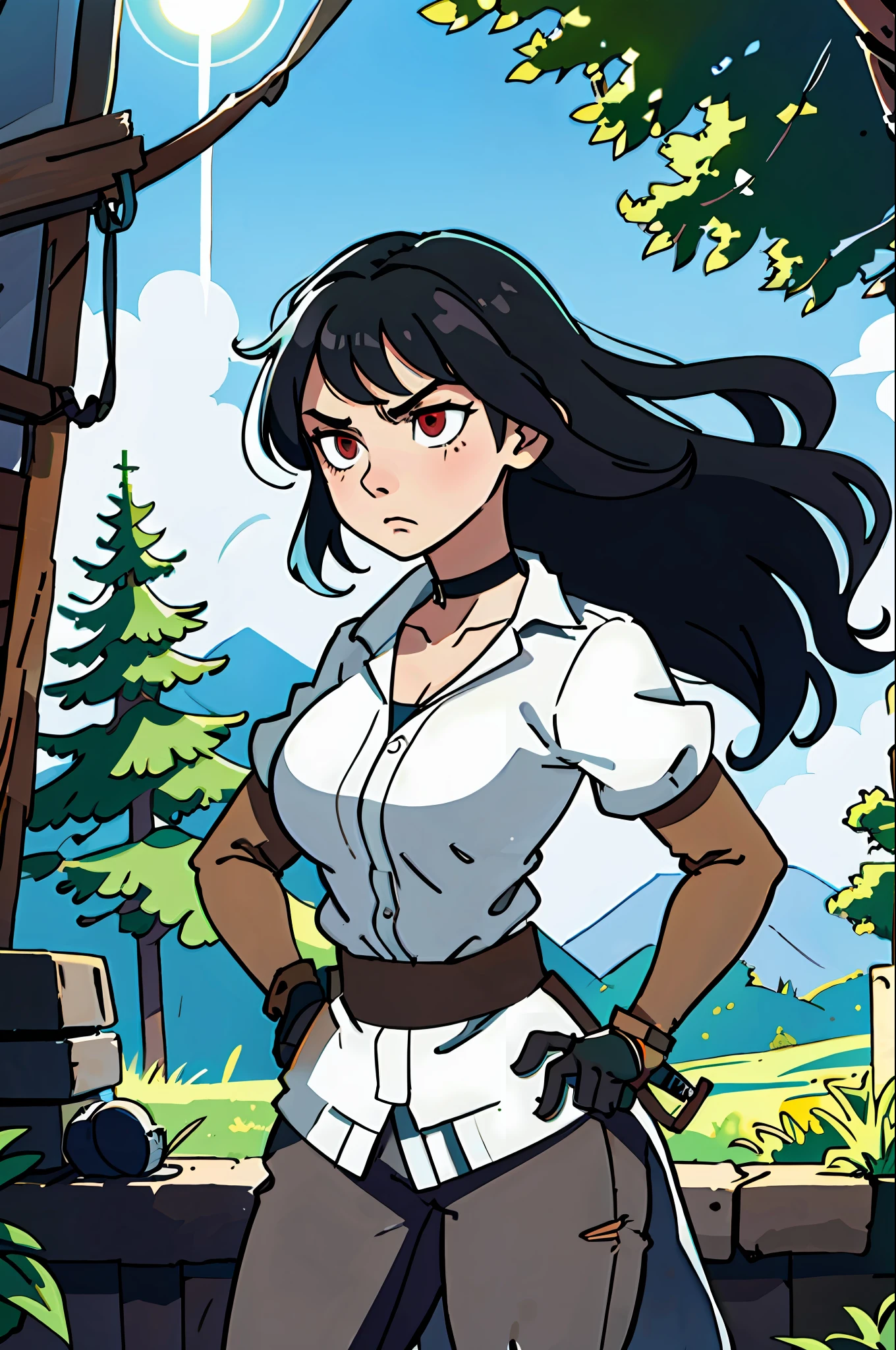(best quality: 0.8), perfect illustration anime, masterpiece, natural lighting, 1girl, 1girl, solo, black hair, red eyes, jewelry, gloves, looking at the viewer, earrings, thighs, large breasts, black gloves, wide hips, choker, thick thighs, thorns, cowboy shot, black choker, neutral expression, bangs, long hair, wavy hair, hands on hips, forest, outside, day, rays of sun, crazy eyes, Neckline, confident, ruins, angry, torn clothes, brown pants, ninja