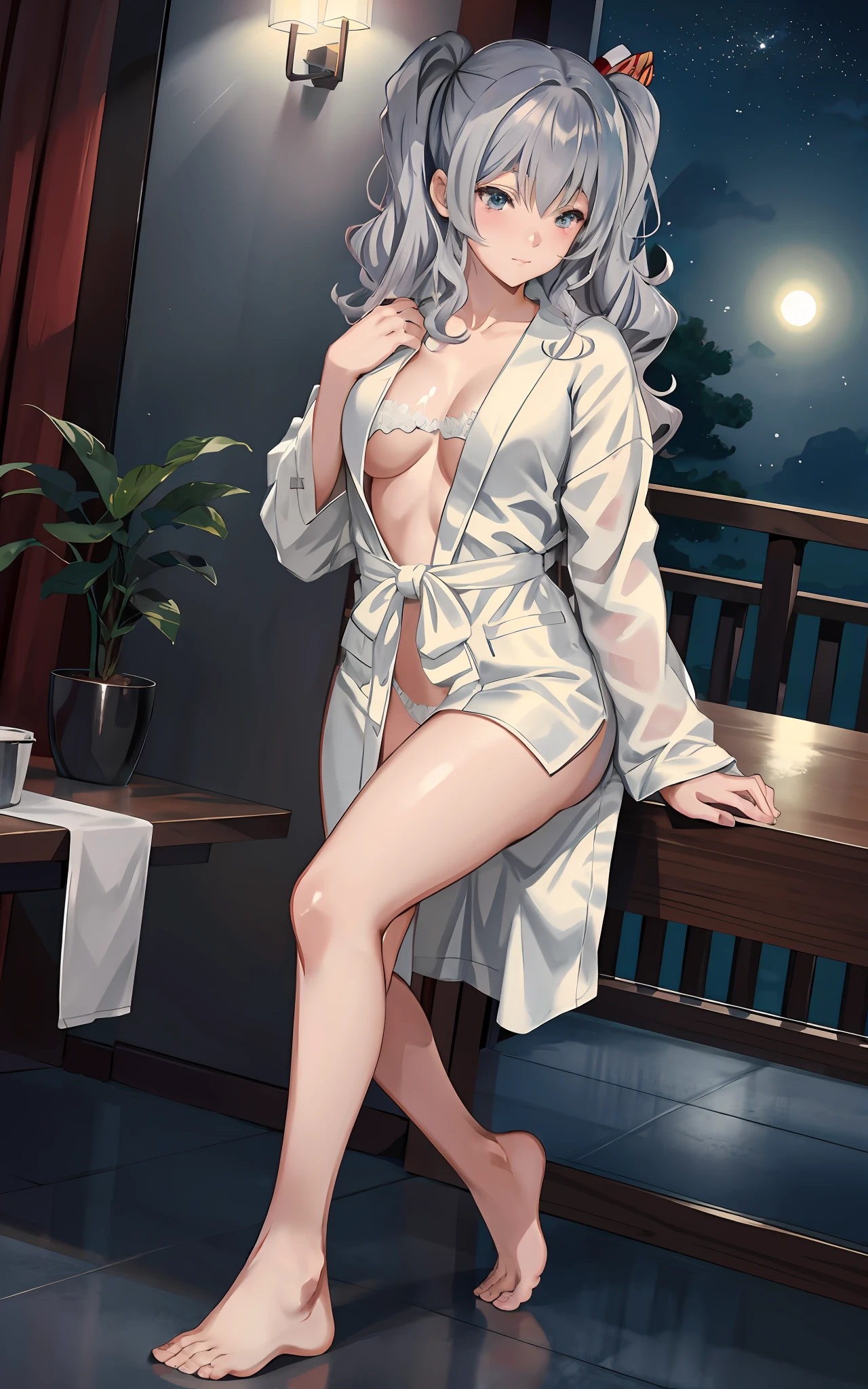 ((Anime girl with big posing in hotel room)), (((Night view))), (((Twin tails)), (((Wearing a bathrobe with wide open chest))), ((Holding the chest of the bathrobe with his hand)))), ((Barefoot)), ((No bra)), (((Sheer bathrobe)), Seductive anime girl, best anime 4K wallpapers, perfect gray haired girl, attractive anime girls, 4k anime wallpapers, 4k manga wallpapers,, detailed digital anime art, anime best girls, beautiful anime girls, detailed anime artwork, beautiful charming anime women