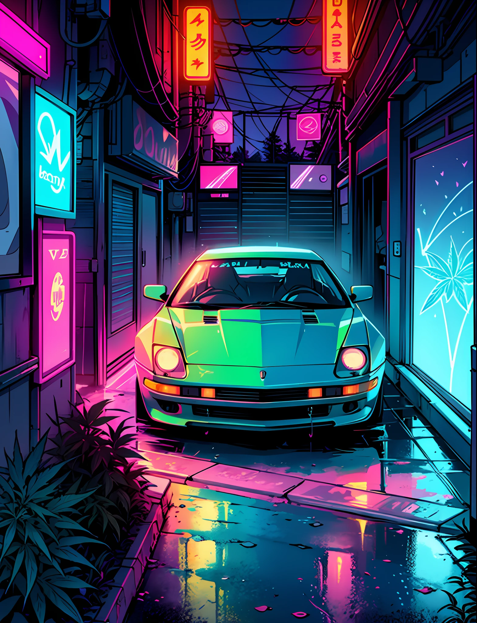 Cool chic car on a wet road. , neon lights, neon, retrowave, club,,,, in love Hemp, leaf, marijuana, cannabis, ((illustration)), colorful, wallpaper, energy, secret, magical environment, omniscience, prediction of the future, understanding the past, frost magic, panorama, top view --v 6