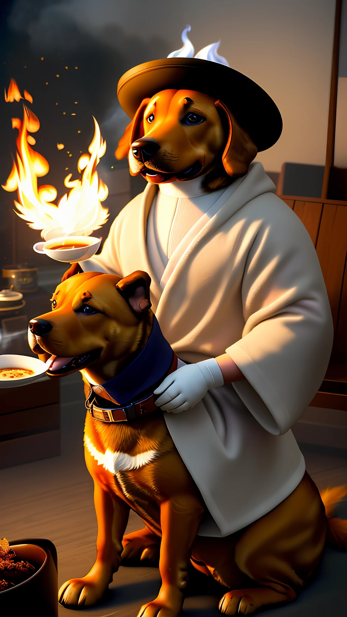 (best quality:1.23), (masterpiece:1.12), (realistic:1.24), (anthropomorphic dog:1.5) holding a coffee cup, sitting, in a robe, eating breakfast and holding a coffee cup, hat, particles, volumetric lighting, room burn down, ground and chair on fire, lots of gadgets and equipment on fire, smoke, (flames all around:1.2),