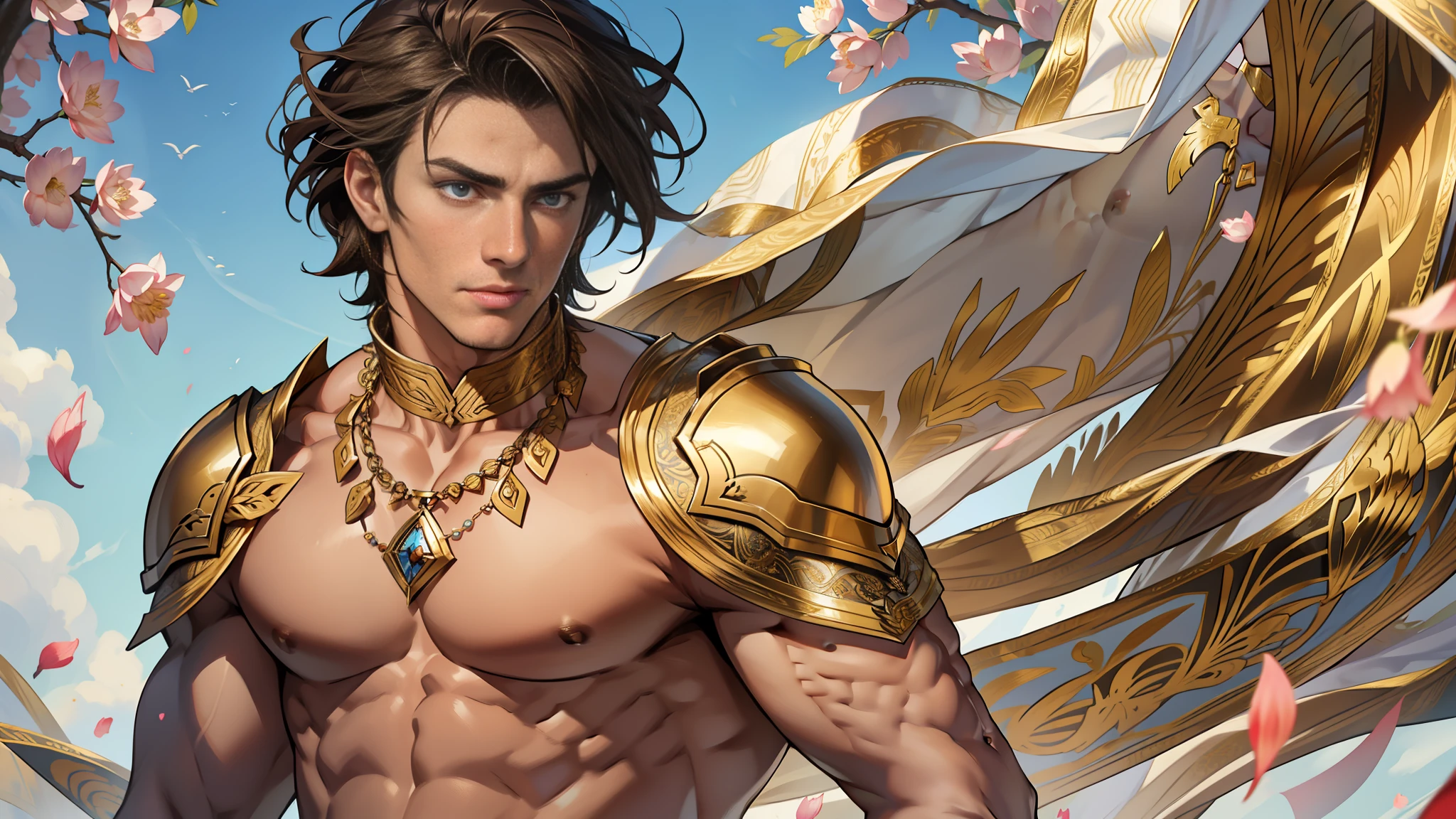 Age 20s 1 fit muscular body man, handsome face, detailed eyes and deailed expressionless face. Necklace. White Royal Clothes. Visible chest and abs. Lotus petals.  Indian aesthetics. Brown hair. Gold shoulder armor. Flowing fabrics and windy day.