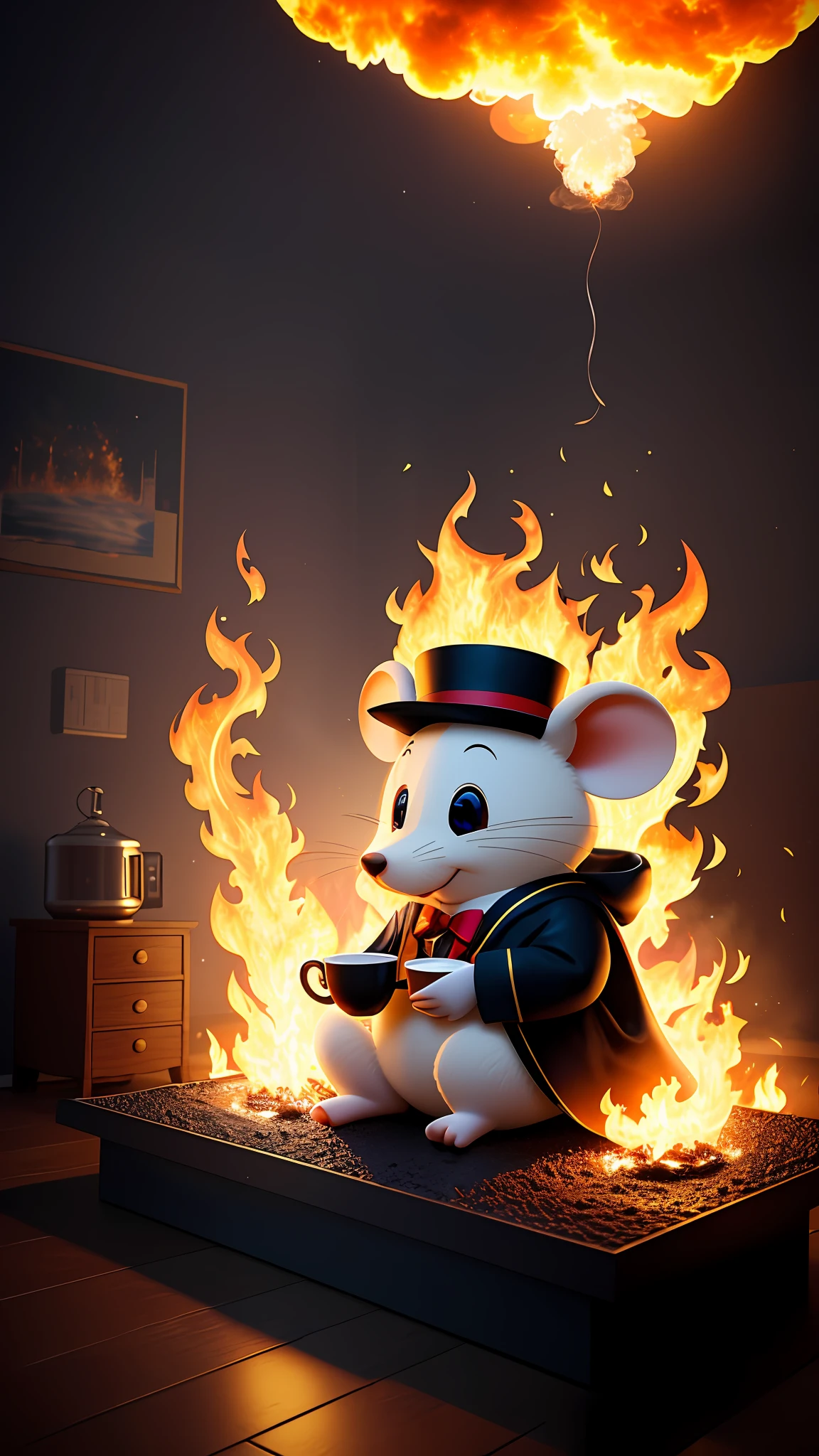 (Best quality: 1.23), (Masterpiece: 1.12), (Realistic: 1.24), (Anthropomorphic mouse: 1.5) holding a coffee cup, sitting, wearing a robe, eating breakfast, holding a coffee cup, hat, particles, volumetric light, the room burned, the floor and chairs caught fire, many gadgets and equipment caught fire, smoke, (surrounding flames: 1.2),