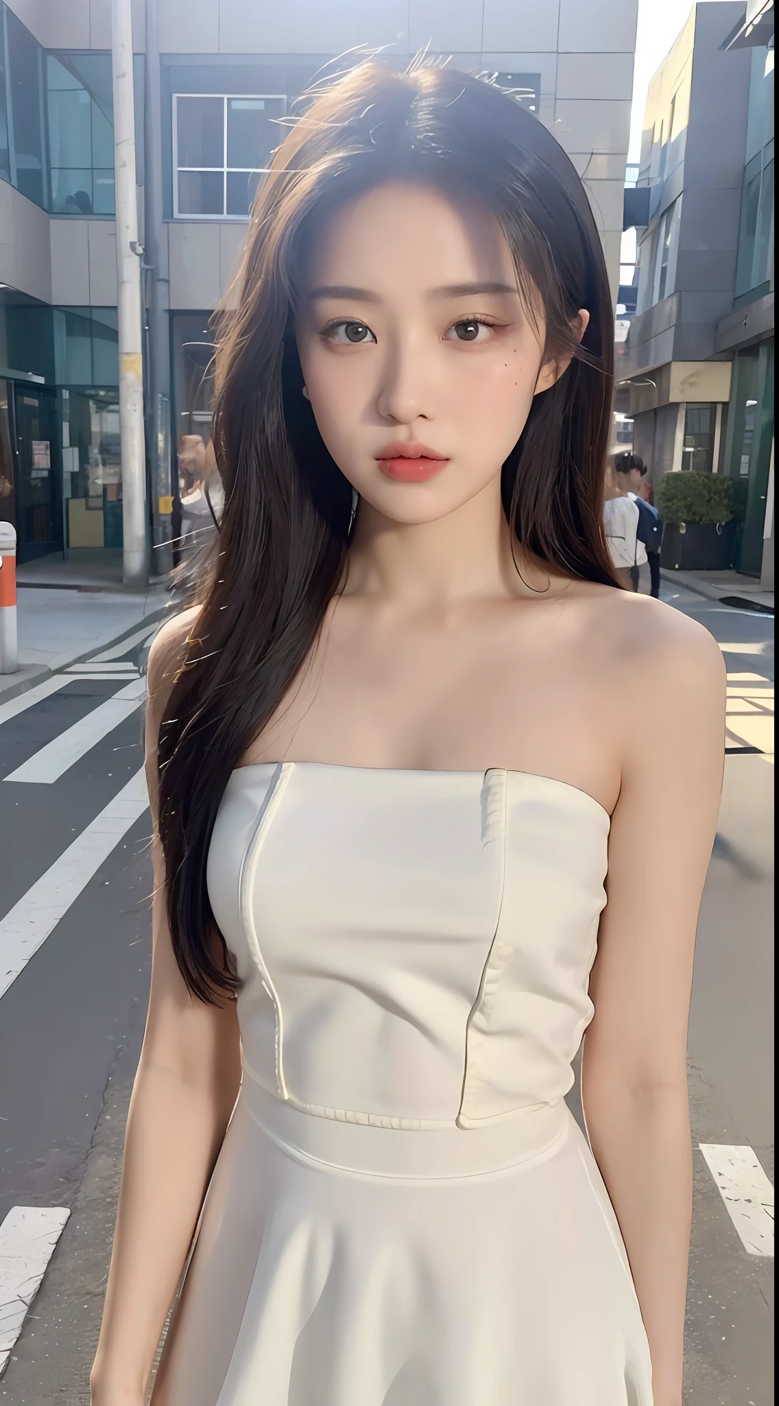 ((Best Quality, 8K, Masterpiece: 1.3)), Focus: 1.2, Perfect Body Beauty: 1.4, (Street:1.3), Bandeau Dress: 1.1, Highly Detailed Face and Skin Texture, Delicate Eyes, Double Eyelids, Whitened Skin, Long Hair, (Shut Up: 1.3), Full Body