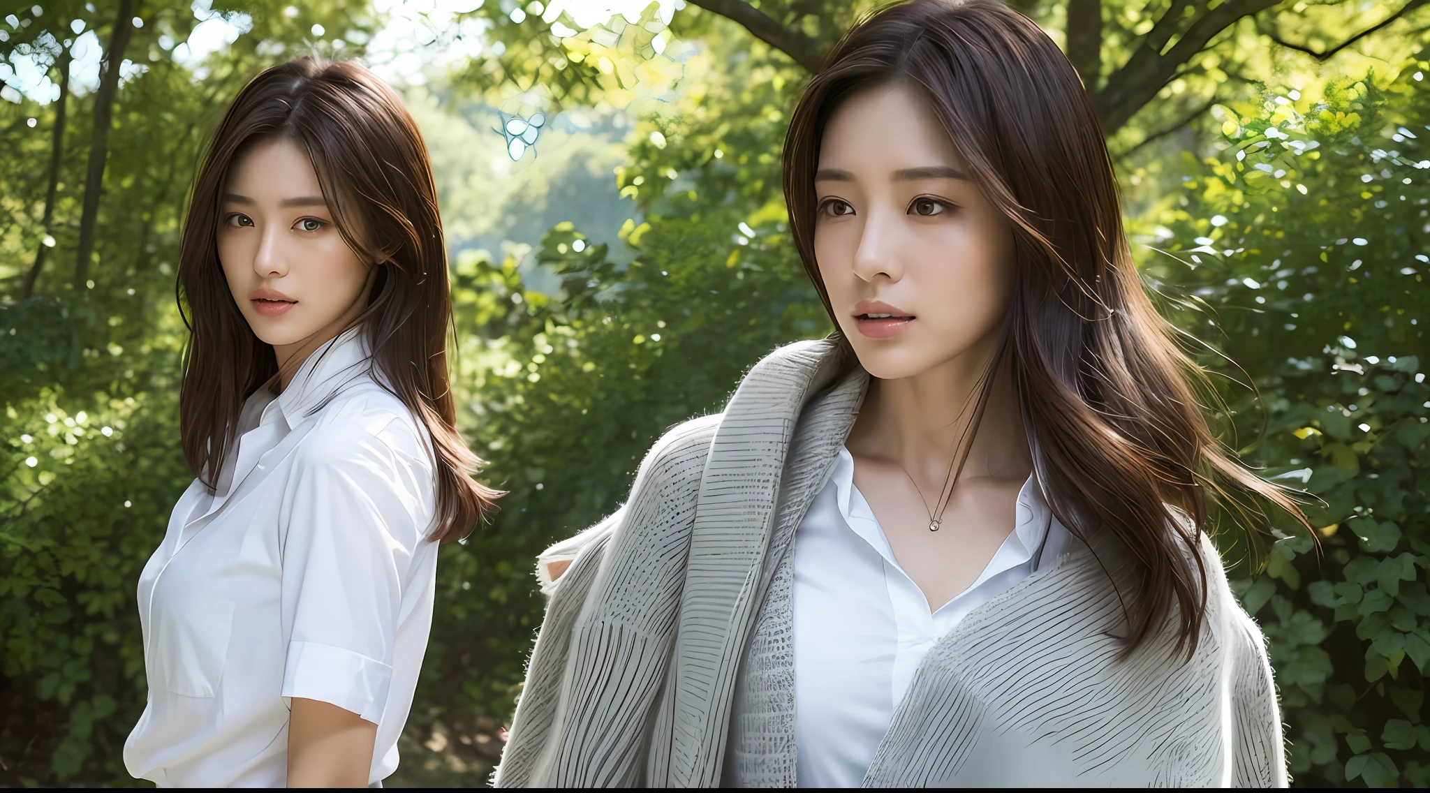 ((Best quality, 8k, Masterpiece :1.3)), Sharp focus :1.2, A pretty woman with perfect figure :1.4, Slender abs :1.2, ((Dark brown hair,breasts :1.2)), (white long formal shirt)(buttoning up his shirt.), grey background:1.2, Highly detailed face and skin texture, Detailed eyes, Double eyelid,fashion model posing,cowboy shot,white pants,sunlight filtering through trees,(wears a gray scarf around his neck.)1 girl, 1 men,