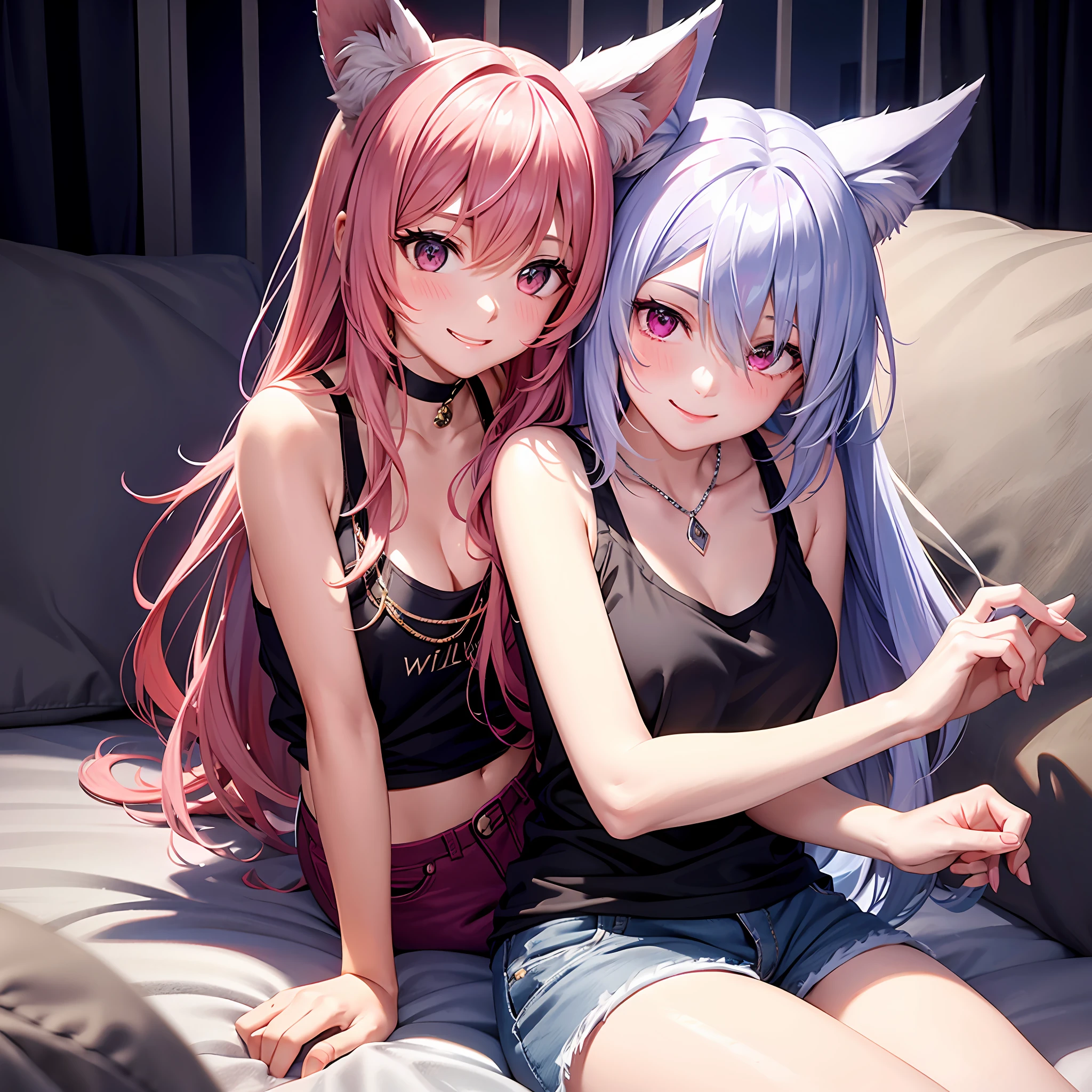 Close-up, upper body, one girl, smile, wolf ears, wolf tail, pink eyes, hair between the eyes, split color hair: 5, striped hair, long hair, hair ends jewelry, (tank top and hot pants: 15), jewels, AI super luxurious bedroom and cute interior: 5, (on bed: 15) sitting, laughing at the viewer embarrassedly, blushing, night scene,