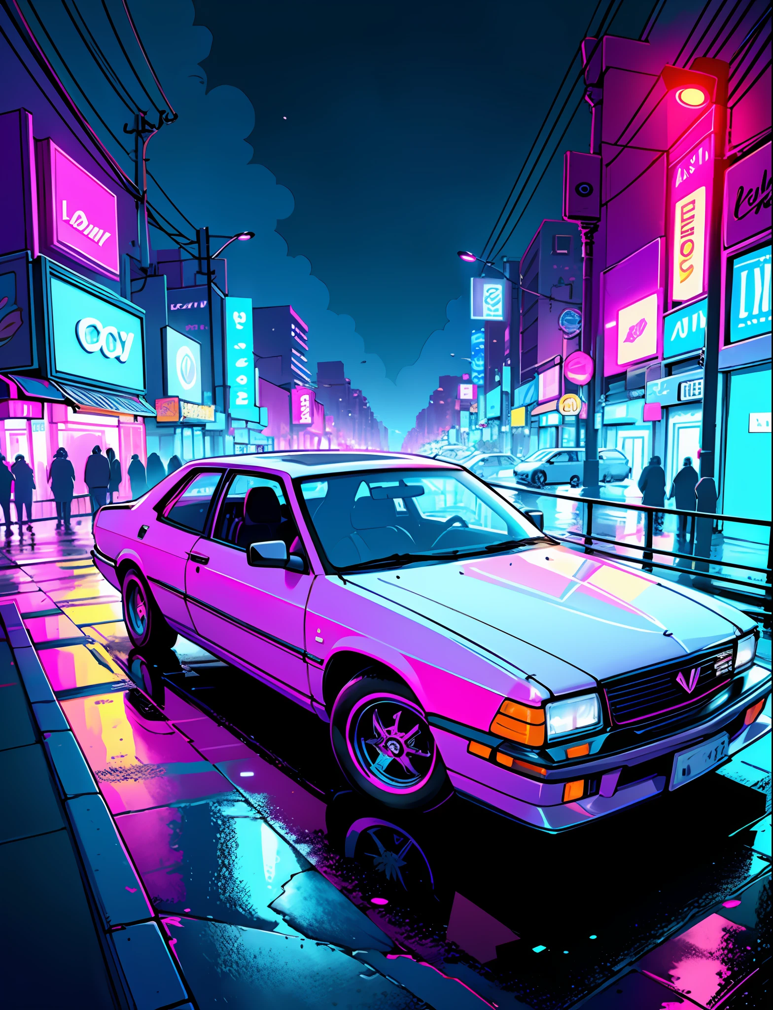 Cool chic car on a wet road. , neon lights, neon, retrowave, club,,,, in love Hemp, leaf, marijuana, cannabis, ((illustration)), colorful, wallpaper, energy, secret, magical environment, omniscience, prediction of the future, understanding the past, frost magic, panorama, top view --v 6