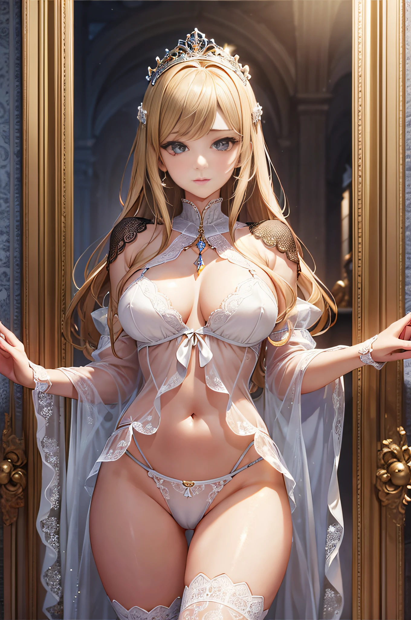 (Masterpiece, Top Quality, Best Detail, Official Art, Beautiful and Aesthetic: 1.2), (1 Girl: 1.3), Highly Detailed, (Fractal Art: 1.1), (See-through: 1.3), (Lingerie Dress: 1.5), (Cowboy Shot: 1.5), (Shiny Skin), (Mekosuji: 1.4), (Tiara: 1.4), (Low Rise Panties: 1.4), breasts with beautiful shape, slim waist, golden hair, looking at the viewer, detailed eyes, metal ornaments, very delicate details, frontal figure, light illuminating the face,