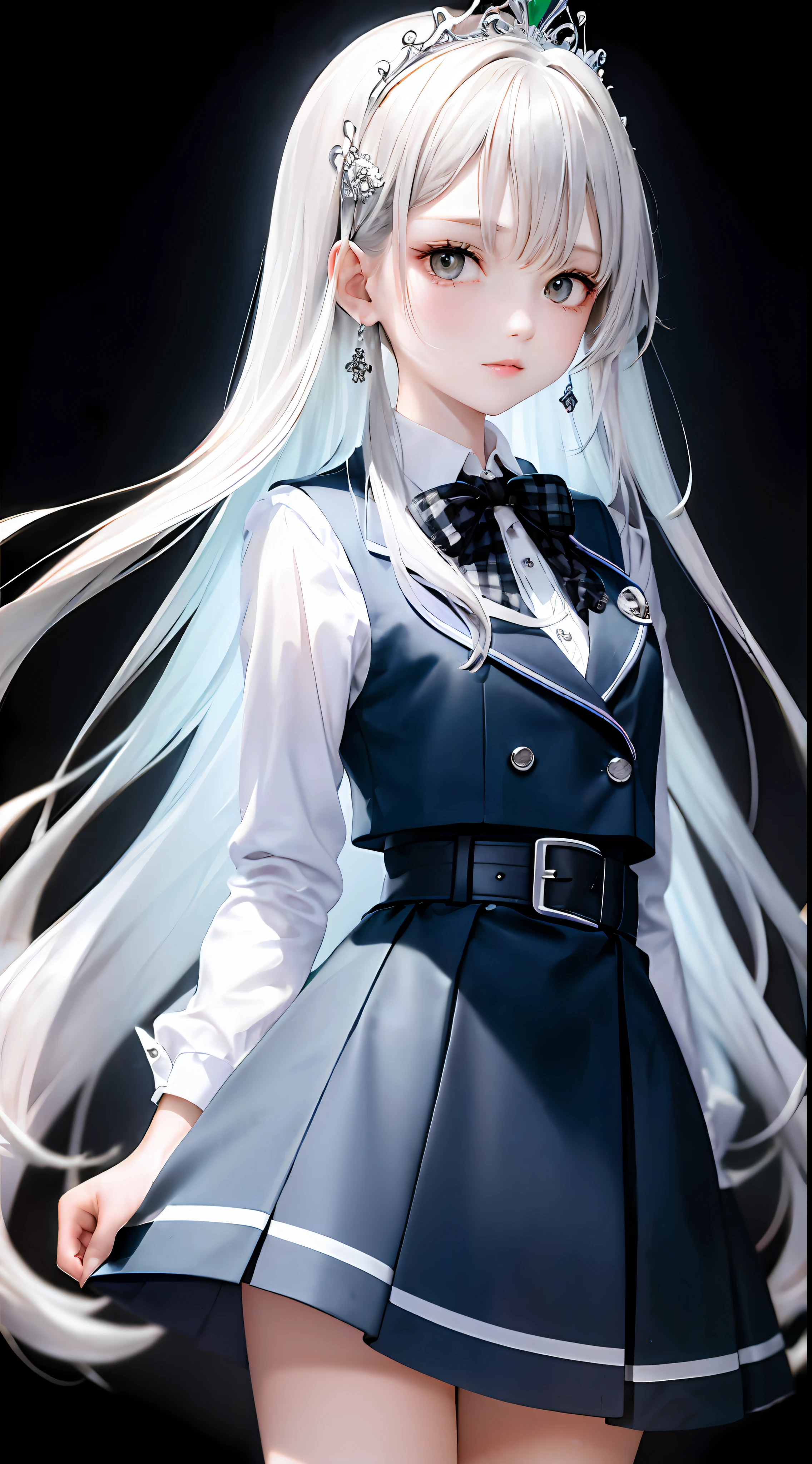 1girl, (masterpiece:1.1), (best quality:1.1), (white blouse:1.1), (checkered skirt:1.1), school uniform, high-waist skirt, BREAK [blue:pink:0.5] theme, (gradient background:1.1), cowboy shot, BREAK silver hair, long hair, , green eyes, intricate detailed tiara, looking to the side,