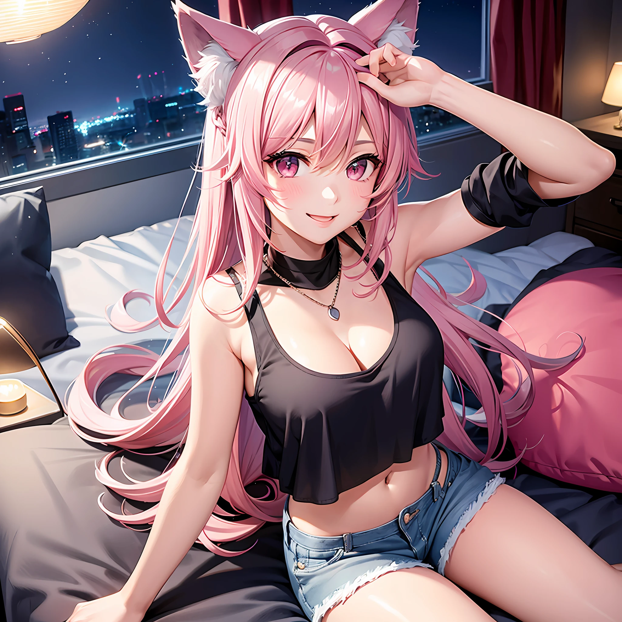 Close-up, upper body, one girl, smile, wolf ears, wolf tail, pink eyes, hair between the eyes, split color hair: 5, striped hair, long hair, hair ends jewelry, (tank top and hot pants: 15), jewels, AI super luxurious bedroom and cute interior: 5, (on bed: 15) sitting, laughing at the viewer embarrassedly, blushing, night scene,