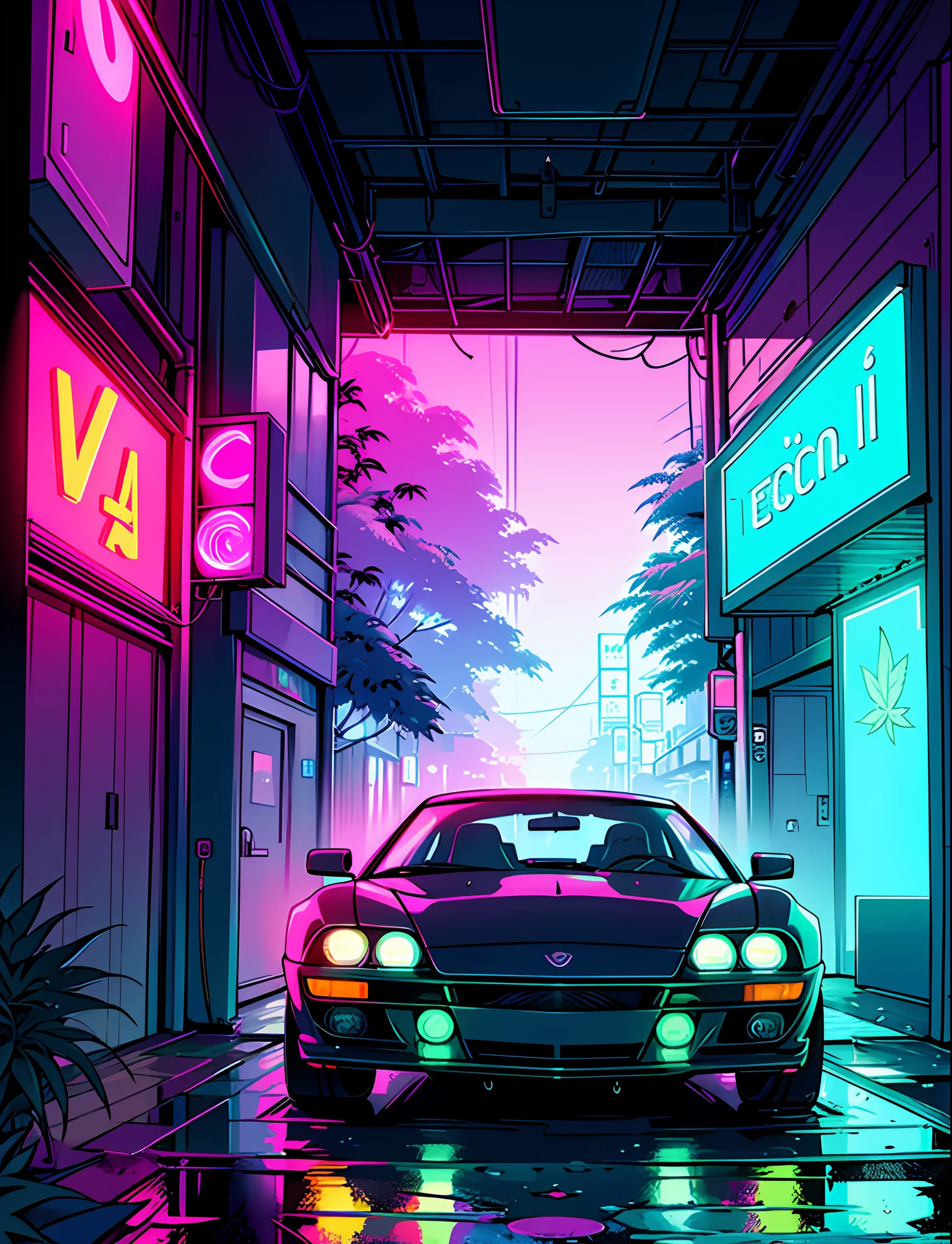 Cool chic car on a wet road. , neon lights, neon, retrowave, club,,,, in love Hemp, leaf, marijuana, cannabis, ((illustration)), colorful, wallpaper, energy, secret, magical environment, omniscience, prediction of the future, understanding the past, frost magic, panorama, top view --v 6