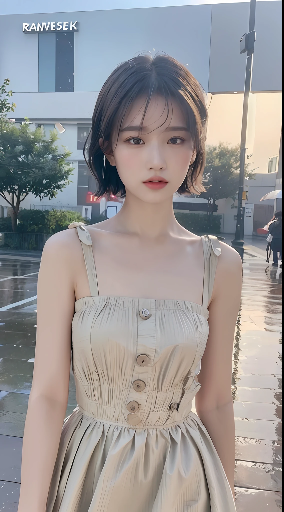 ((Best Quality, 8k, Masterpiece:1.3)), Focus:1.2, Perfect Body Beauty:1.4, (Rain, Street:1.3), Bandeau Dress:1.1, Highly detailed face and skin texture, Fine eyes, Double eyelids, Whitening skin, Short hair, (Shut up: 1.3),