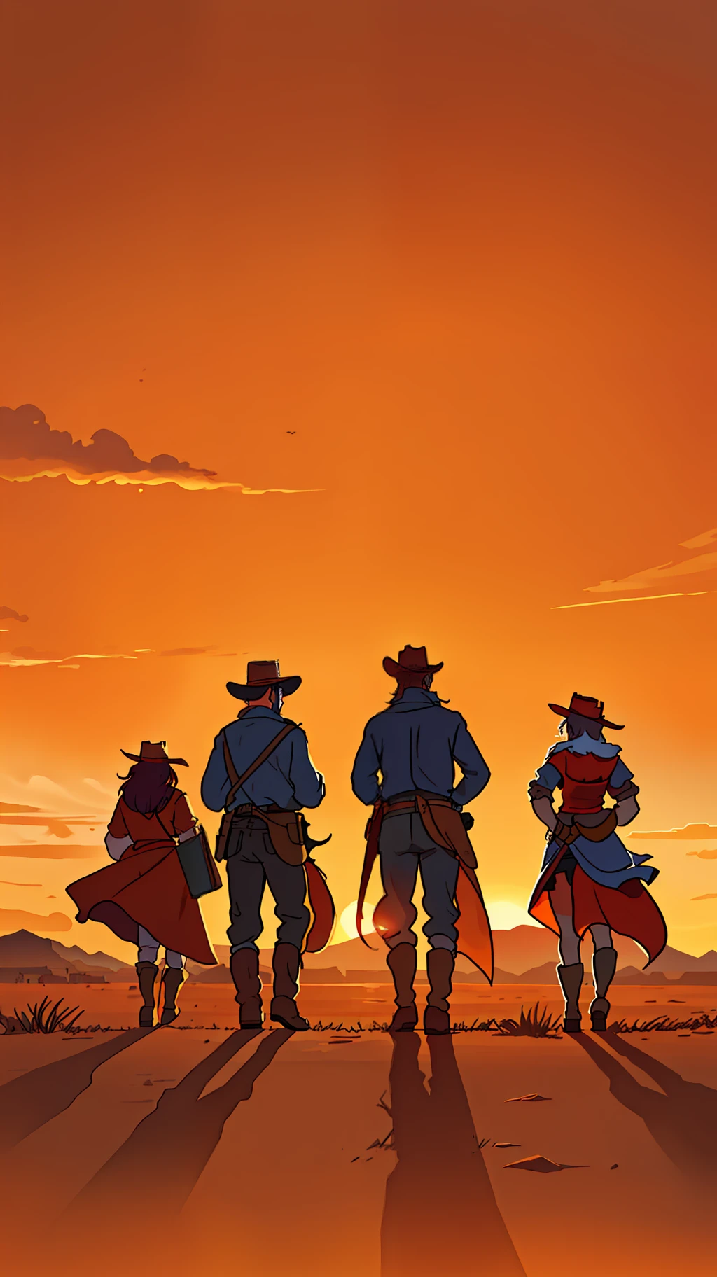 Wild West, five people on their backs looking at the horizon, Red Dead Remdeption, orange sky