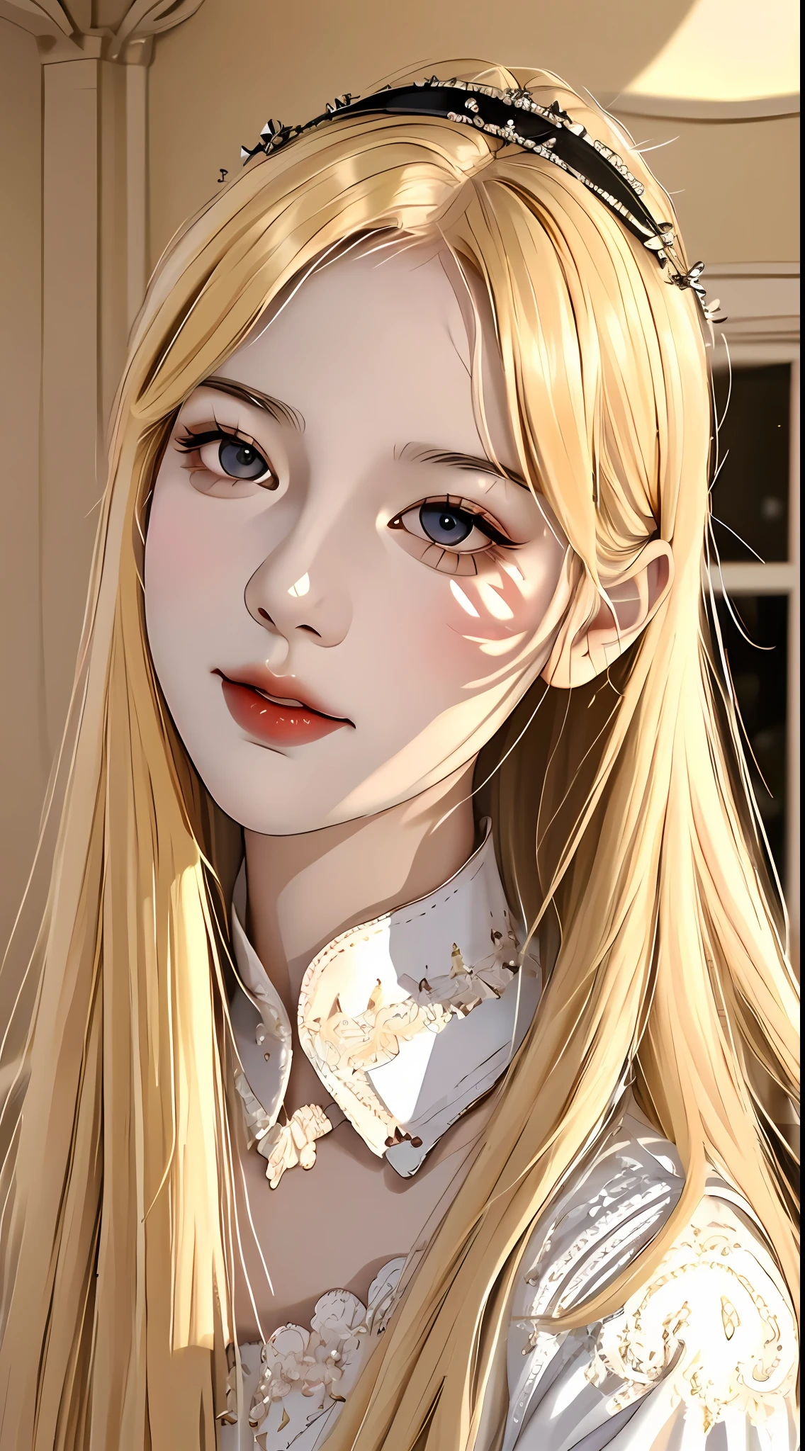 pixiv artwork, long blonde hair, perfect curves, realistic style, (hyperreal), top CG, (Tyndall effect), (cinematic light and shadow effects), top detail, 16k resolution, exquisite and detailed graphics, realistic reality, (absolutely beautiful girl), (royal sister face), ((melon face)), beautiful and moving, ((goose yellow hair)), long hair and waist, ((loose hair)), flowing hair, ((Korean air bangs)), (black bow hair card), ((delicate and moist smooth skin)), ((fair and moist skin)), beautiful and delicate makeup, ((dark eye shadow)), (delicate eyelashes), extreme face, delicate face, (rounded face contour), delicate and cute facial features, enhanced three-dimensional facial features, deep and bright eyes, ((perfect clear eyes)) (intricate details), ((gentle eyes)), delicate and perfect eye makeup, (moist smooth lips), pink lip color, (cherry lips), (((Face Enhancement))), Facial Retouching (Intricate Details), Clear Details (Intricate Details), (Perfect CG Face), Light Makeup, (Beauty), Pink Blush, Happy Expression, (Sweet Smile), (Bright Atmosphere), (Dignified), (((Black Liquid Water Gauze))), ((Black Dress Bling)), ((Fashion Design)), Realistic Clothing Textures, (Absolute Domain), Dynamic Angles, Dynamic Postures, Highest Precision, ((Ultra Detailed Textures)), ((Ray Tracing)) , (((Hyper-realistic Light and Shadow Effects))), Perfect Body Proportions, ((Advanced Rendering)), Tinbal Effect, (Unreal Engine), Strong Edge Light, Character Edge Light, Depth of Field.